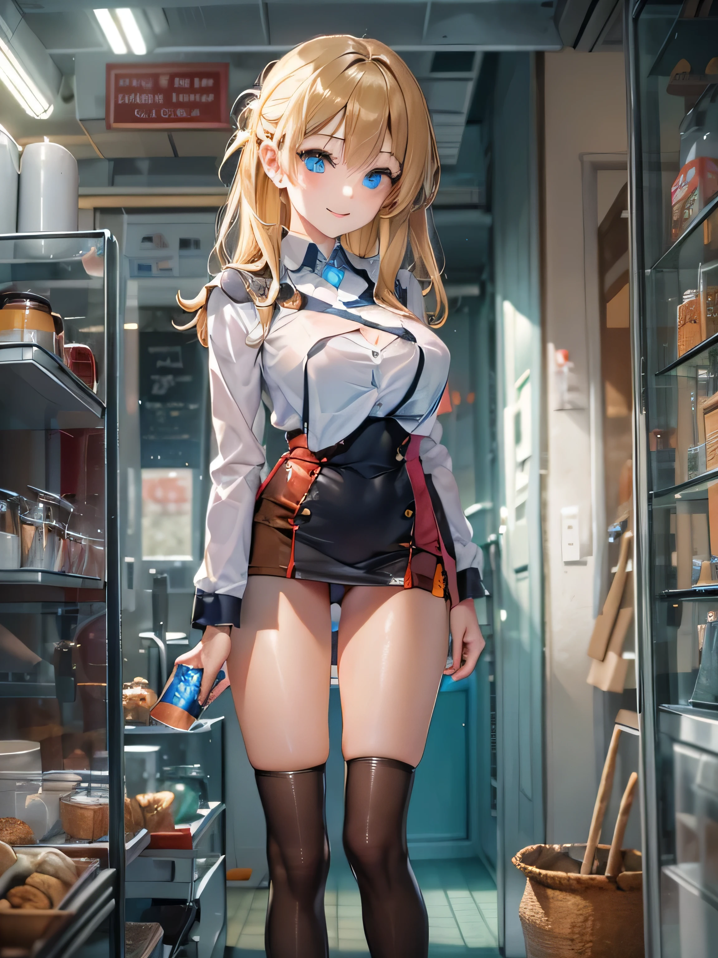 (photorealistic:1.8, highest quality:1.8,8K masterpiece:1.8,High resolution,muste piece:1.8,RAW Photos,cinematic lighting),No split screen、morning、Good Morning、The coffee shop of the future、
（A 23-year-old female clerk brewing coffee:1.5)、（choker、uniform、mini skirt、knee high tights、beautiful breasts、beautiful thighs、plump nipples、beautiful chest)、 (Soryu Asuka Langley)、
(Beautiful shiny blue white black brown blonde hair:1.5)、looking at the camera、smile、shining blue eyes