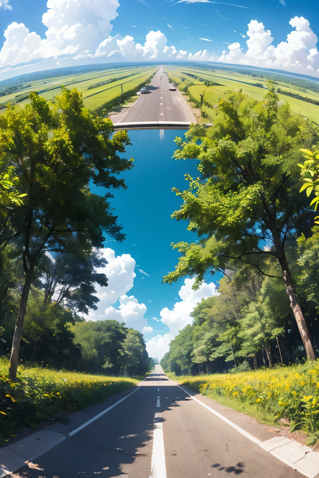 fisheye lens, a road divides an immense soybean crop, distant hint of rainforest in the horizon, hot sunny yellow day, stylized