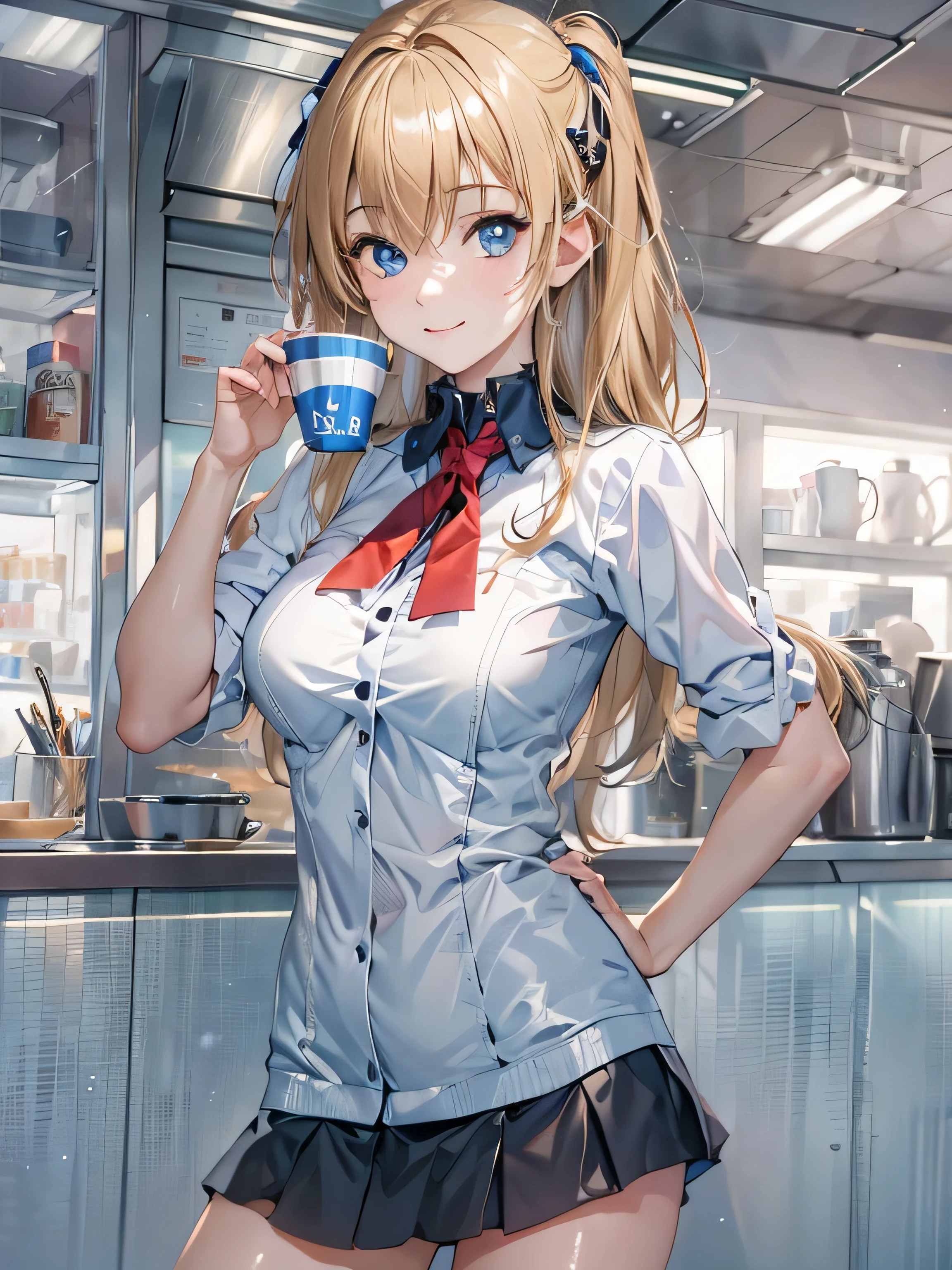 (photorealistic:1.8, highest quality:1.8,8K masterpiece:1.8,High resolution,muste piece:1.8,RAW Photos,cinematic lighting),No split screen、morning、Good Morning、The coffee shop of the future、
（A 23-year-old female clerk brewing coffee:1.5)、（choker、uniform、mini skirt、knee high tights、beautiful breasts、beautiful thighs、plump nipples、beautiful chest)、 (Soryu Asuka Langley)、
(Beautiful shiny blue white black brown blonde hair:1.5)、looking at the camera、smile、shining blue eyes