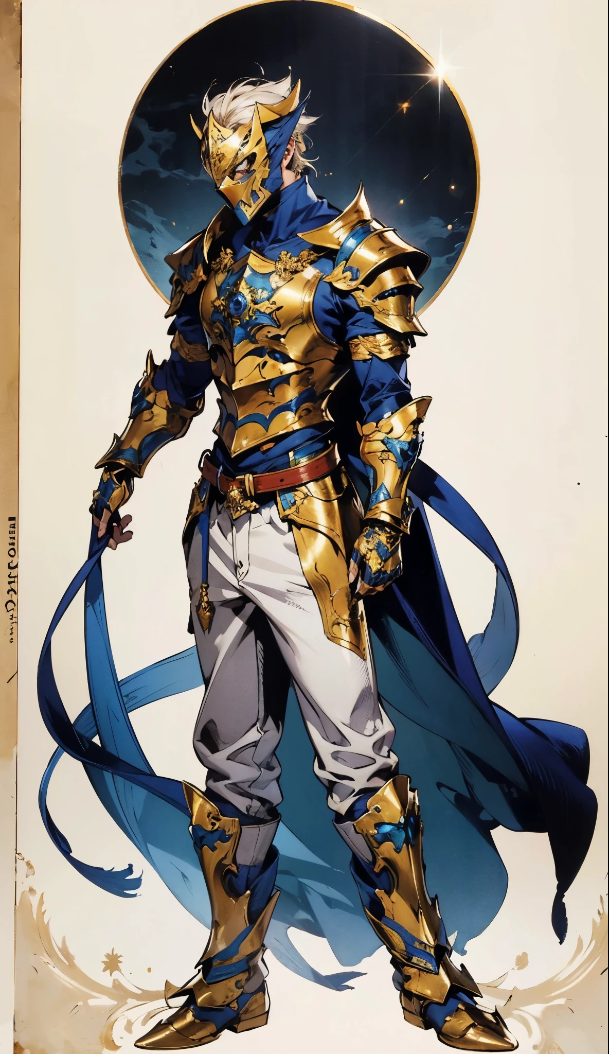 A man with short golden hair slicked back, his face entirely obscured by a Dynastinae concept mask, full mask, cold gaze, clad in an indigo blue fantasy-style Dynastinae concept chest plate, his arms and legs are clad in matching armor, he wears a white undershirt and trousers with golden stripes, standing within a magnificent fantasy-style palace, this character embodies a finely crafted fantasy-style masked light armor warrior in anime style, exquisite and mature manga art style, high definition, best quality, highres, ultra-detailed, ultra-fine painting, extremely delicate, professional, perfect body proportions, golden ratio, anatomically correct, symmetrical face, extremely detailed eyes and face, high quality eyes, creativity, RAW photo, UHD, 32k, Natural light, cinematic lighting, masterpiece-anatomy-perfect, masterpiece:1.5