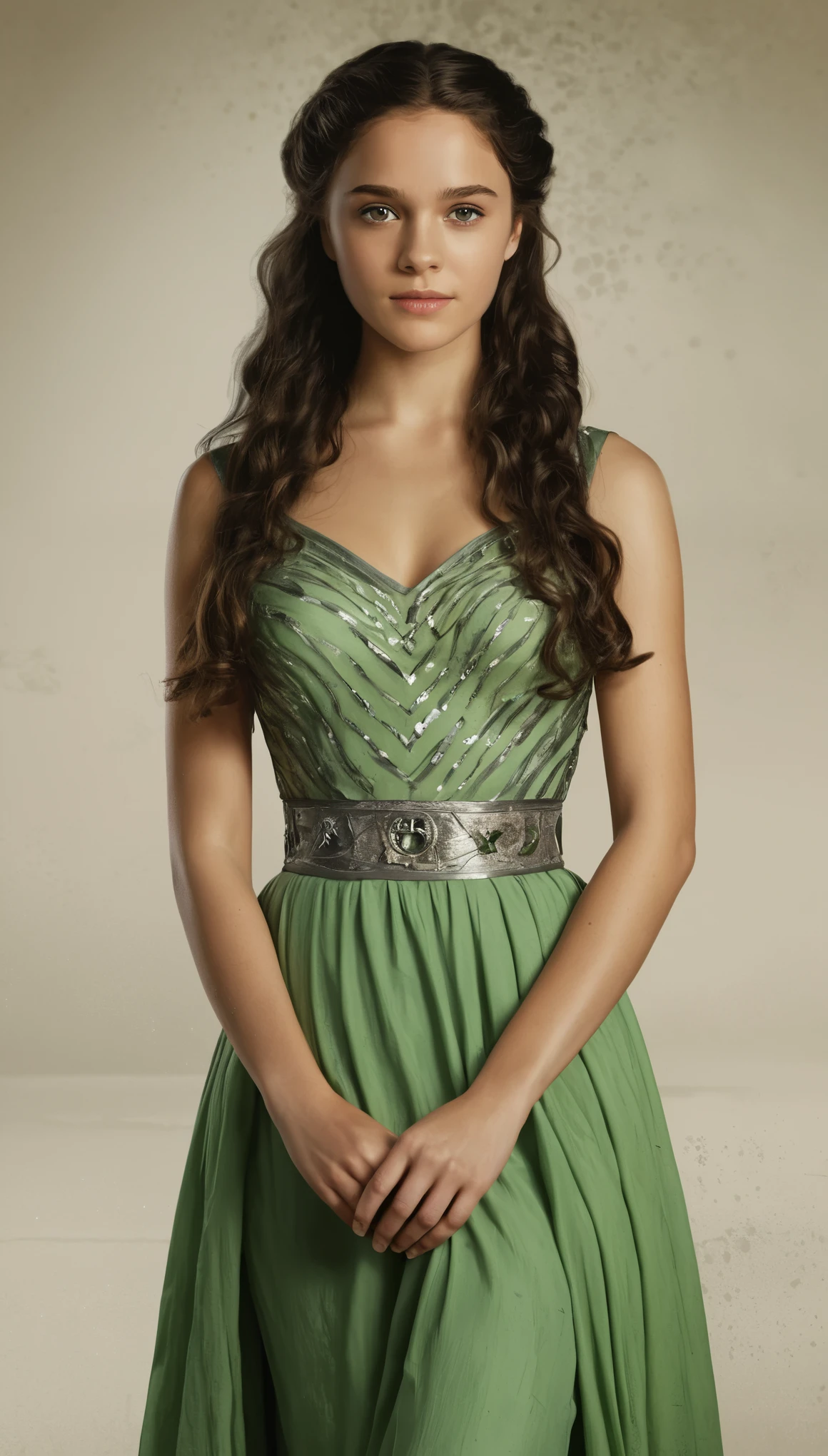 An illustrated movie poster, hand-drawn, full color, a Westerosi teenage girl, wearing a regal dress, r sun-tanned complexion, peridot eye color, dark hair, long loose curls, waist-length hair, posing on a pedestal, hard shadows, graphite shading, stencil marks, airbrushed acrylic paint, masterpiece, in the style of Game of Thrones 
