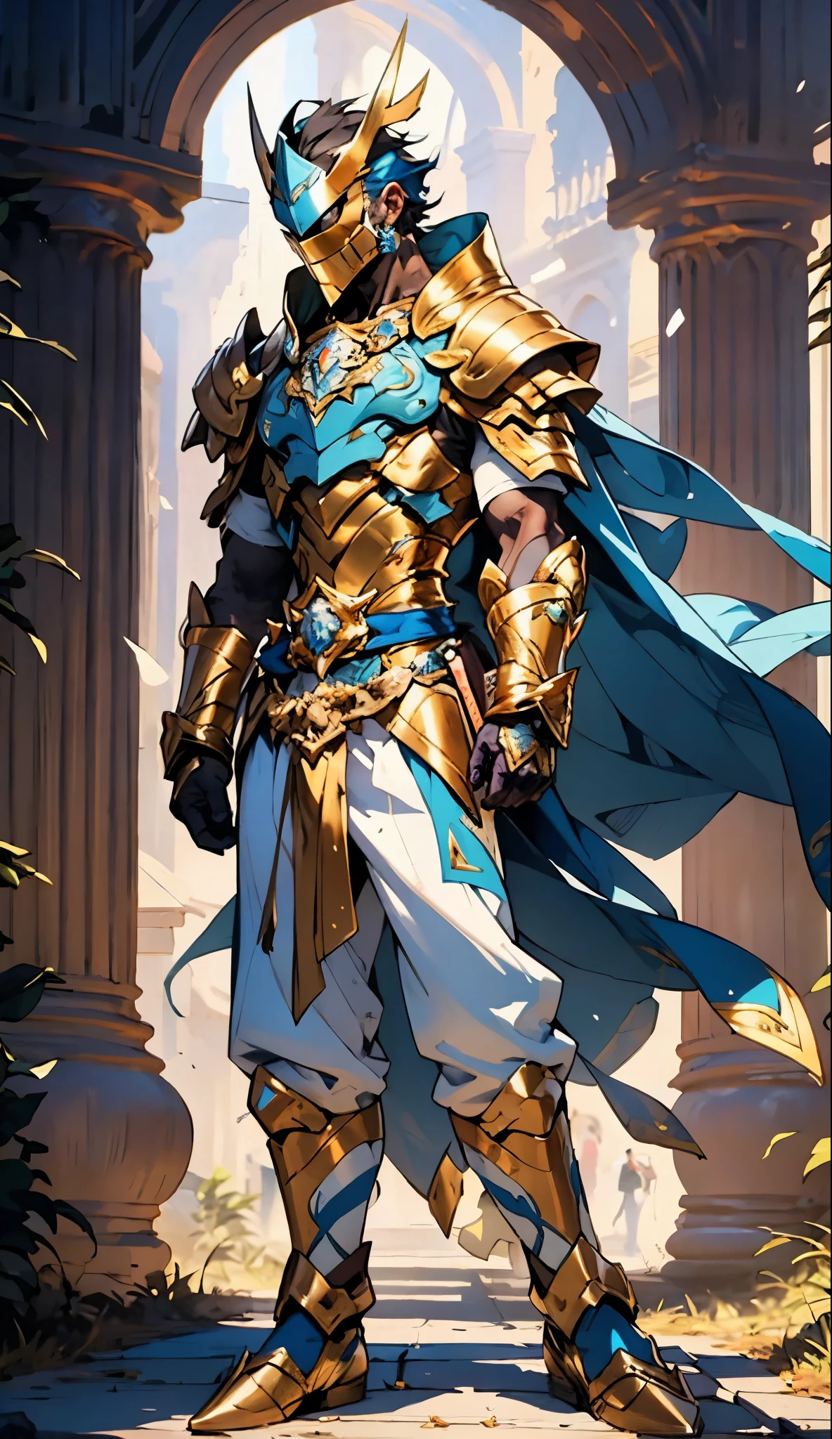 A man with short golden hair slicked back, his face entirely obscured by a Dynastinae concept mask, full mask, cold gaze, clad in an indigo blue fantasy-style Dynastinae concept chest plate, his arms and legs are clad in matching armor, he wears a white undershirt and trousers with golden stripes, standing within a magnificent fantasy-style palace, this character embodies a finely crafted fantasy-style masked light armor warrior in anime style, exquisite and mature manga art style, high definition, best quality, highres, ultra-detailed, ultra-fine painting, extremely delicate, professional, perfect body proportions, golden ratio, anatomically correct, symmetrical face, extremely detailed eyes and face, high quality eyes, creativity, RAW photo, UHD, 32k, Natural light, cinematic lighting, masterpiece-anatomy-perfect, masterpiece:1.5