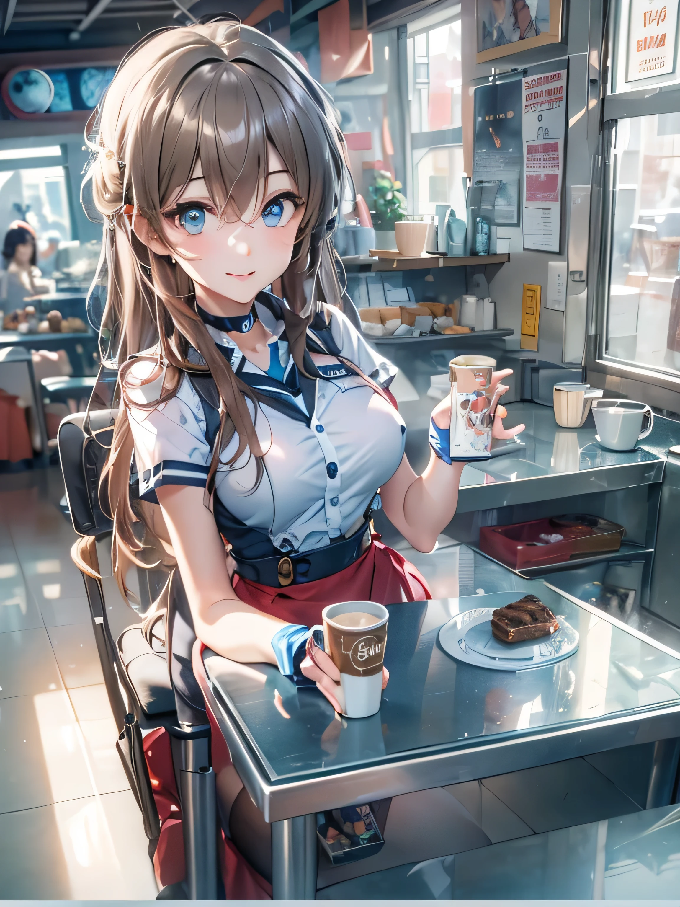 (photorealistic:1.8, highest quality:1.8,8K masterpiece:1.8,High resolution,muste piece:1.8,RAW Photos,cinematic lighting),No split screen、morning、Good Morning、The coffee shop of the future、
（A 23-year-old female clerk brewing coffee:1.5)、（choker、uniform、mini skirt、knee high tights、beautiful breasts、beautiful thighs、plump nipples、beautiful chest)、 (Soryu Asuka Langley)、
(Beautiful, shiny blue, white, black and brown hair:1.5)、looking at the camera、smile、shining blue eyes