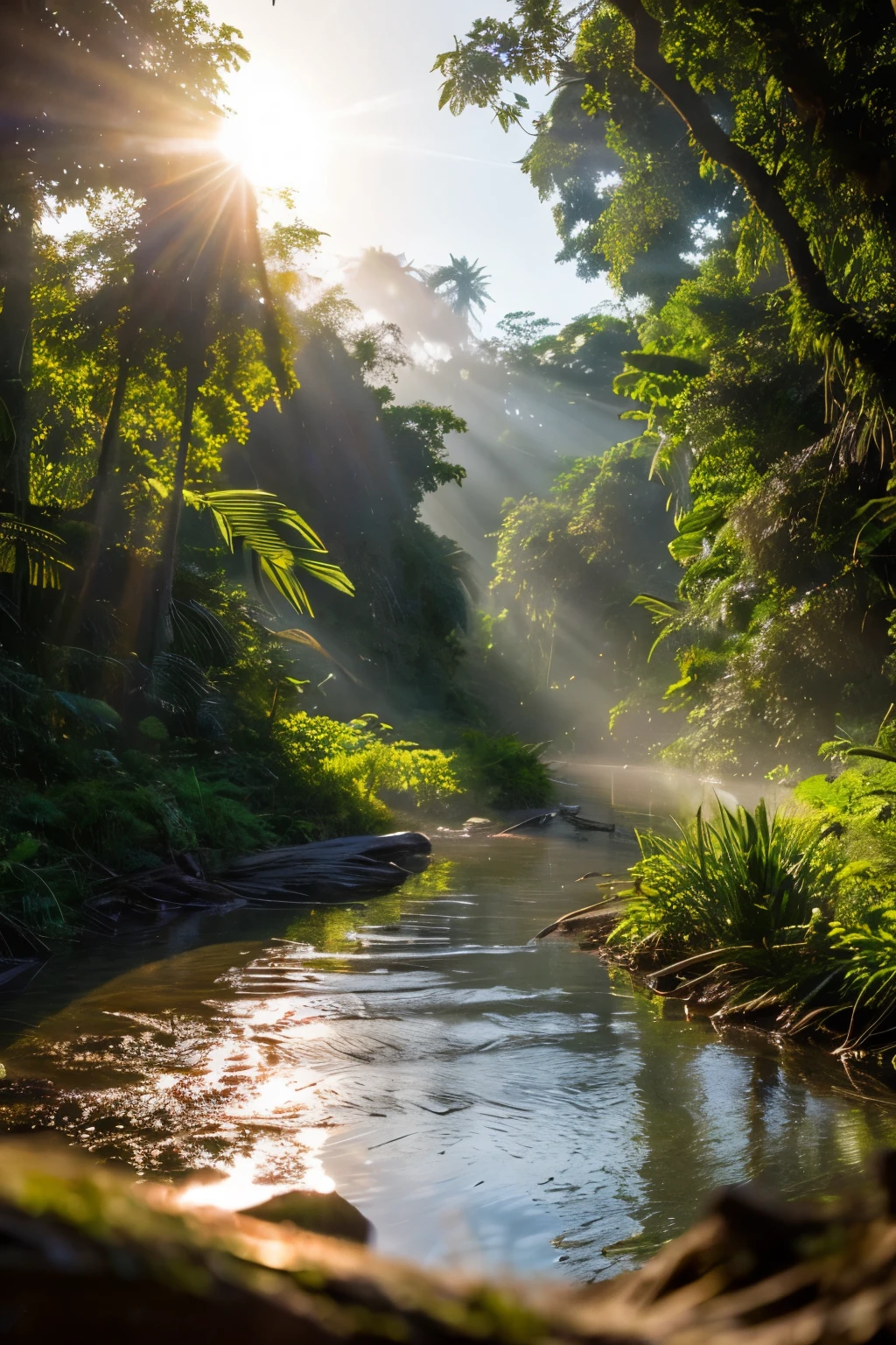 Beautiful hyper-realistic and super-detailed masterpiece that shows a mysterious river in the amazon forest, with the sunset sunshine, 