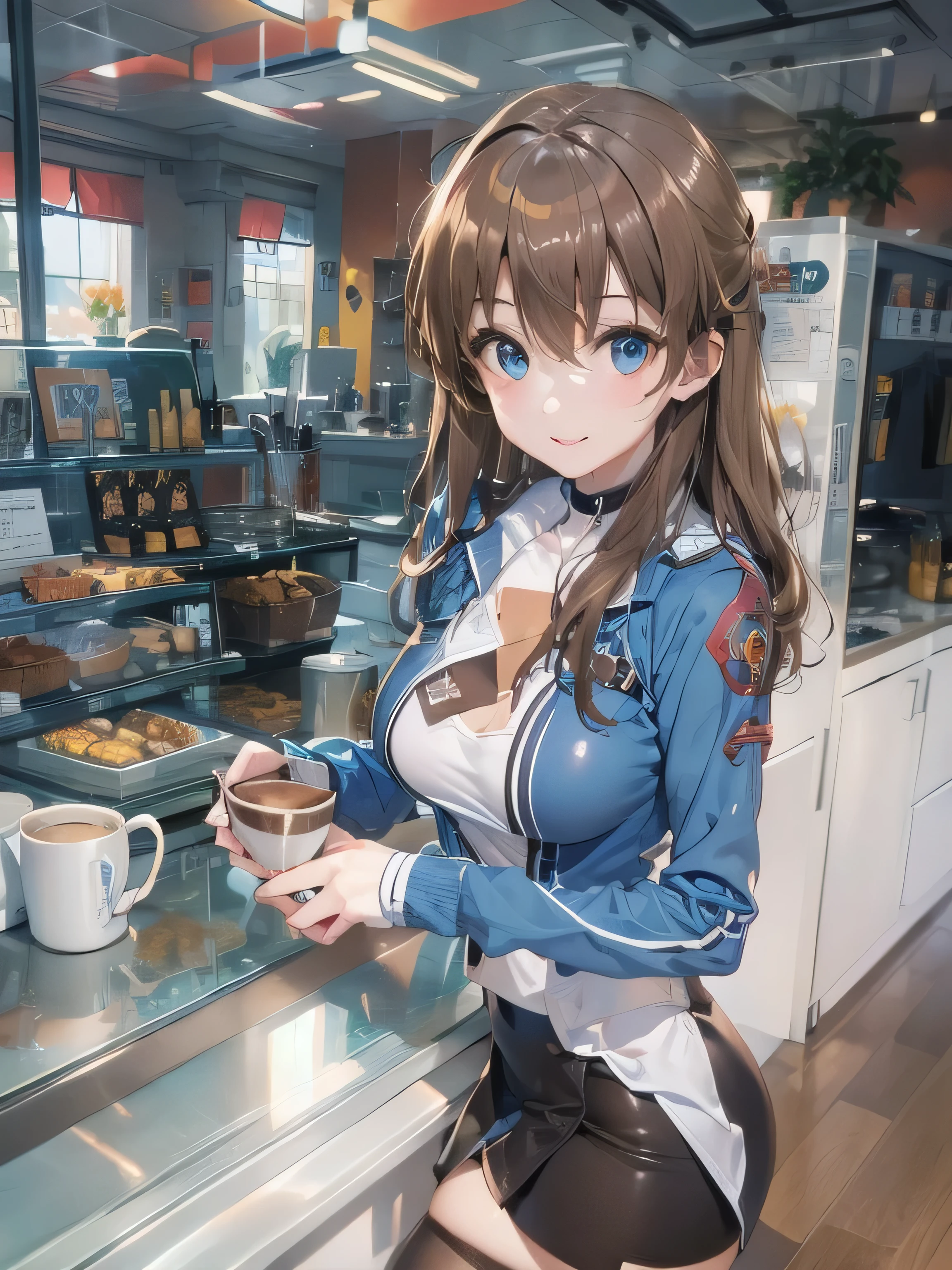 (photorealistic:1.8, highest quality:1.8,8K masterpiece:1.8,High resolution,muste piece:1.8,RAW Photos,cinematic lighting),No split screen、morning、Good Morning、The coffee shop of the future、
（A 23-year-old female clerk brewing coffee:1.5)、（choker、uniform、mini skirt、knee high tights、beautiful breasts、beautiful thighs、plump nipples、beautiful chest)、 (Soryu Asuka Langley)、
(Beautiful, shiny blue, white, black and brown hair:1.5)、looking at the camera、smile、shining blue eyes