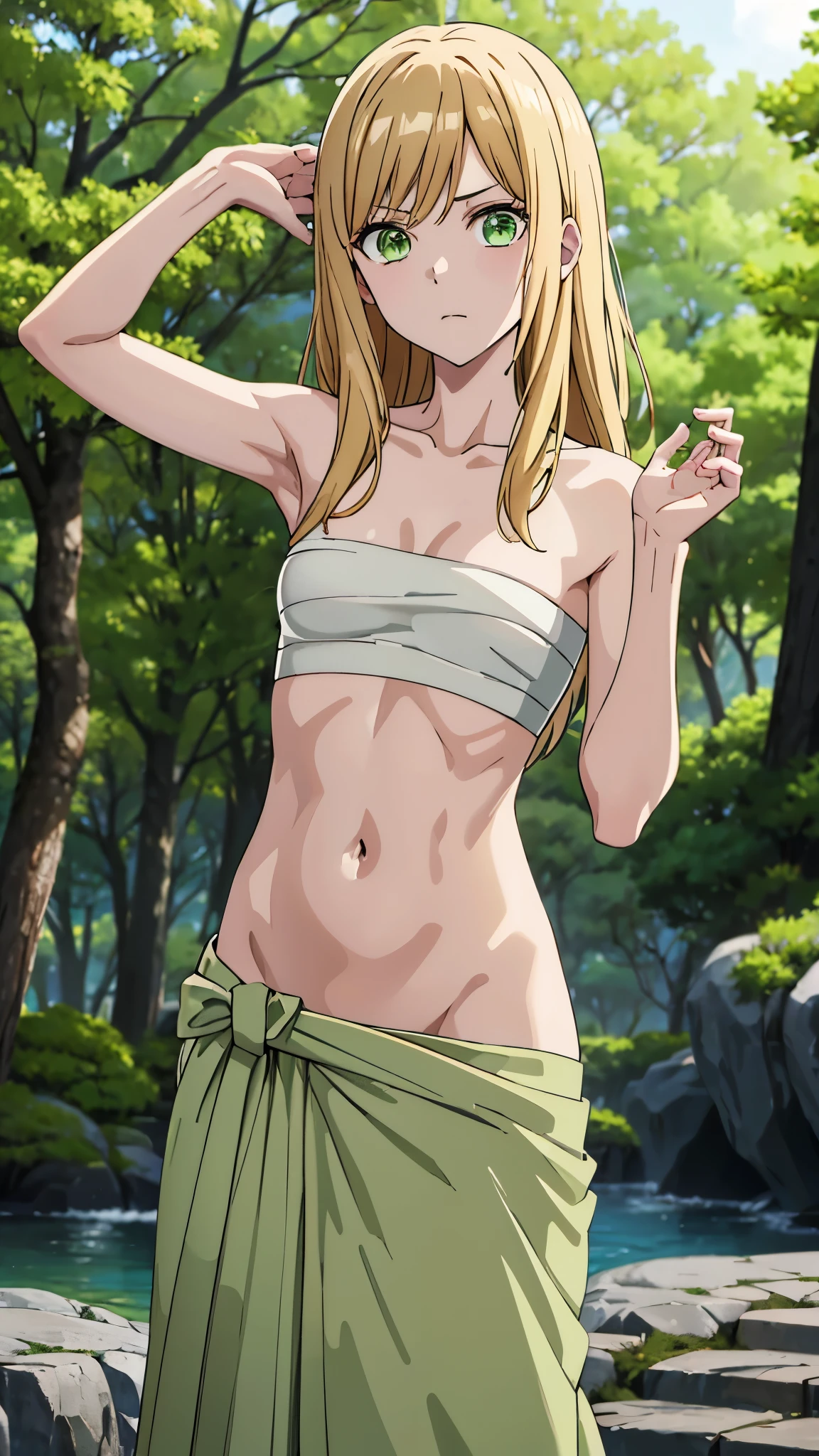 masterpiece, highres, solo, 8k, detailed, perfect face, best quality, (ultra high quality), (looking at viewers), (armpit), collarbone, bare arms, small , breast, cleavage, blonde hair, long hair, green eyes, belly, stomach, navel, abs, sarashi chest, bandaged breast, (green hakama), slim body, upper body, emotionless, flat face, closed mouth, at forest, hand up