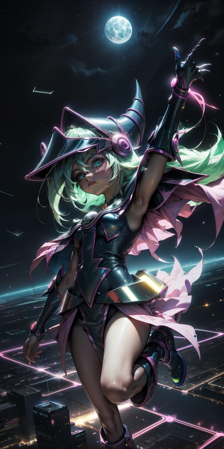 Mujer preciosa dark magician girl ( neon cyberpunk ), The neon sings, neon lighting, RTX chica maga oscura iluminando volando en el aire. Encima de la ciudad a media noches. Luna llena. Cielos de estrellas. Mago oscuro volando