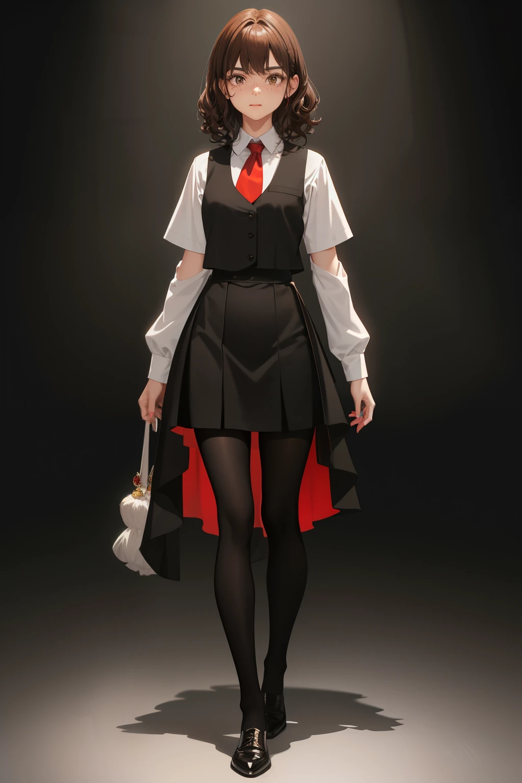 A 1.50 tall, 14-year-old girl with short brown hair that curls at the ends and freckles on her face. She was dressed in a black vest, revealing a white dress shirt beneath with rolled-up sleeves and a red tie. Black pants and shoes completed her attire. Her eyes, identical to her dark brown hair, were chocolate brown. Instead of the traditional white clown makeup, she sported bold and vibrant colors that added a playful touch to her appearance.

Ultra-detailed, realistic rendering, 4K resolution, HDR lighting, emphasizing the varying textures of her hair and clothing. A captivating blend of flat areas