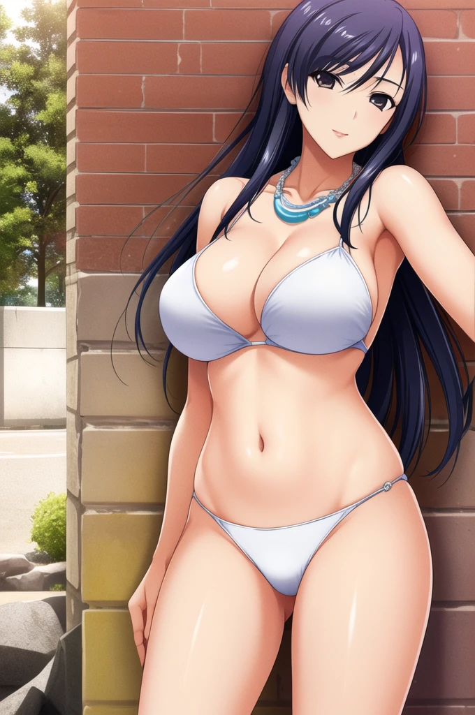 Ayako Hiiragi | Walkure Romanze, masterpiece, best quality, a sexy mature woman in a white bikini standing next to the brick wall, 1girl, breasts, cleavage, solo, sexy swimsuit, micro bikini, under , thong bikini bottom, multiple strap, jewelry, navel, necklace, arm pit, bewitching smile,,mature woman, 