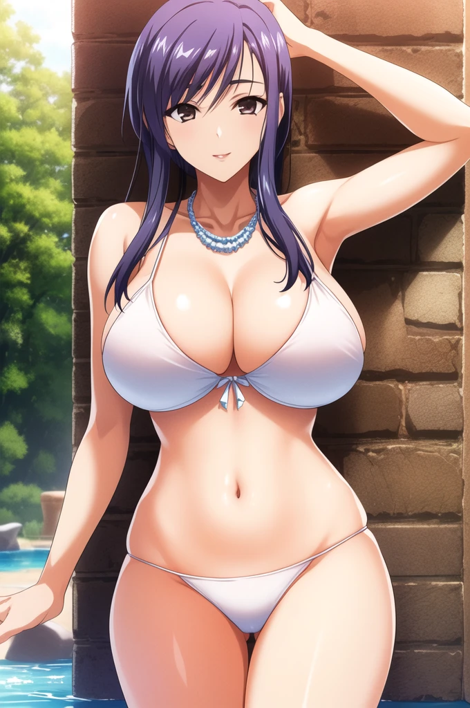 Ayako Hiiragi | Walkure Romanze, masterpiece, best quality, a sexy mature woman in a white bikini standing next to the brick wall, 1girl, breasts, cleavage, solo, sexy swimsuit, micro bikini, under , thong bikini bottom, multiple strap, jewelry, navel, necklace, arm pit, bewitching smile,,mature woman, 