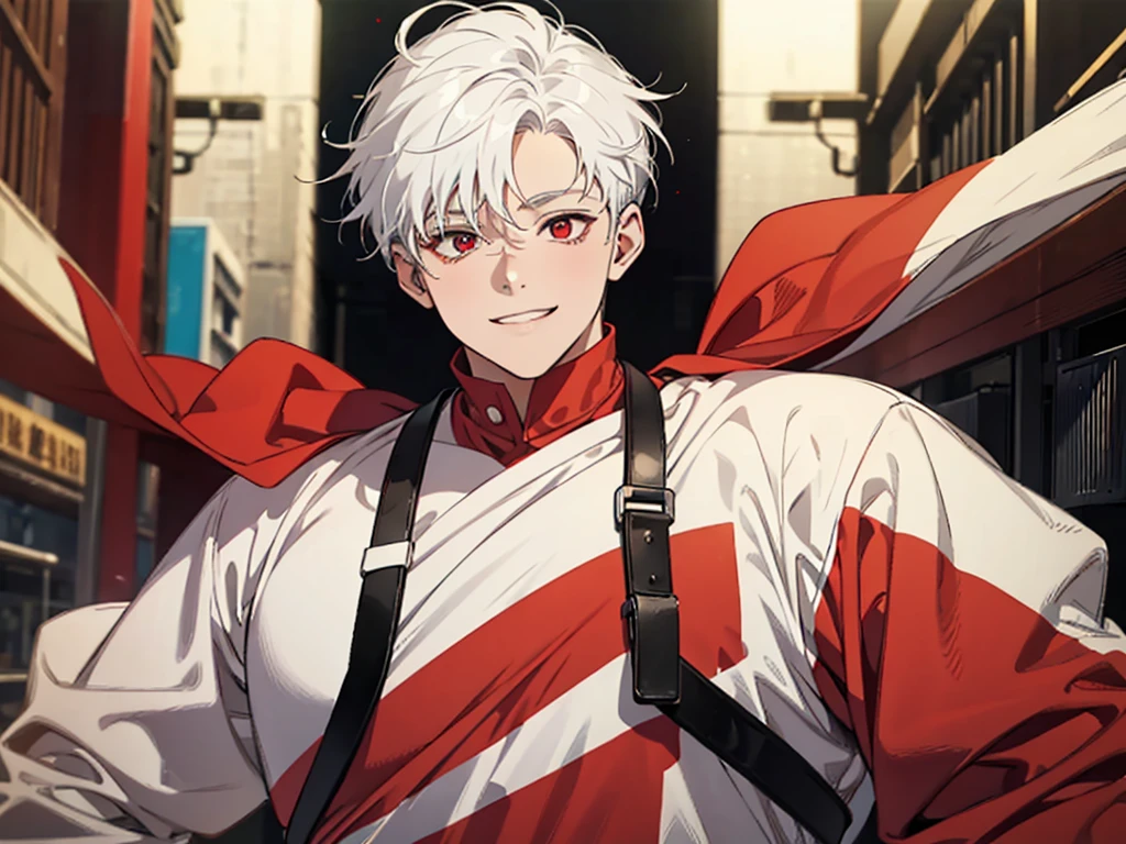 There is a young chubby  boy looking at the camera. He has red eyes. He has white hair. He is good looking. He is wearing a red shirt. He is smilling.