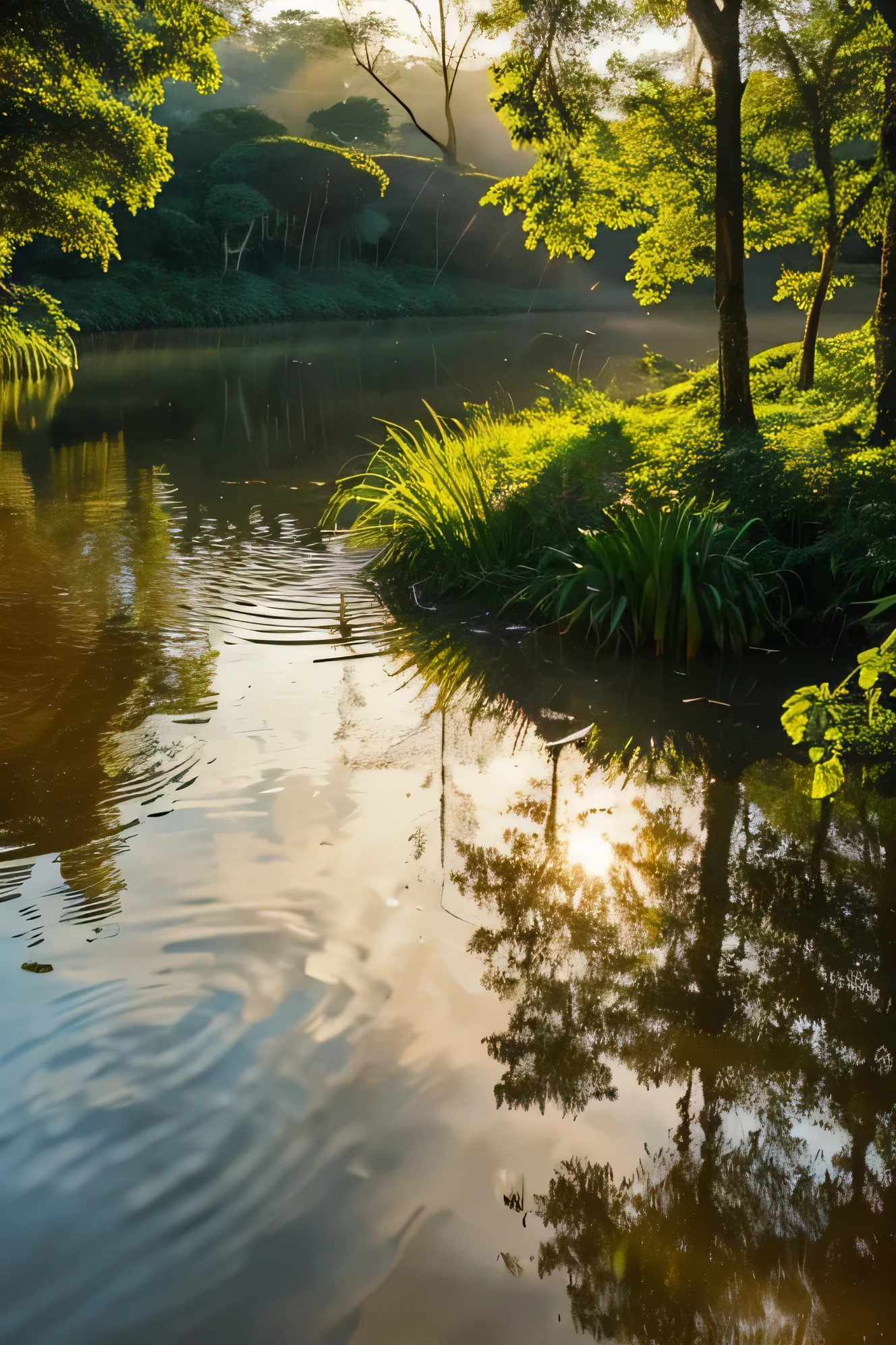 Beautiful hyper-realistic and super-detailed masterpiece that shows a mysterious river in the amazon forest, with the sunset sunshine, 