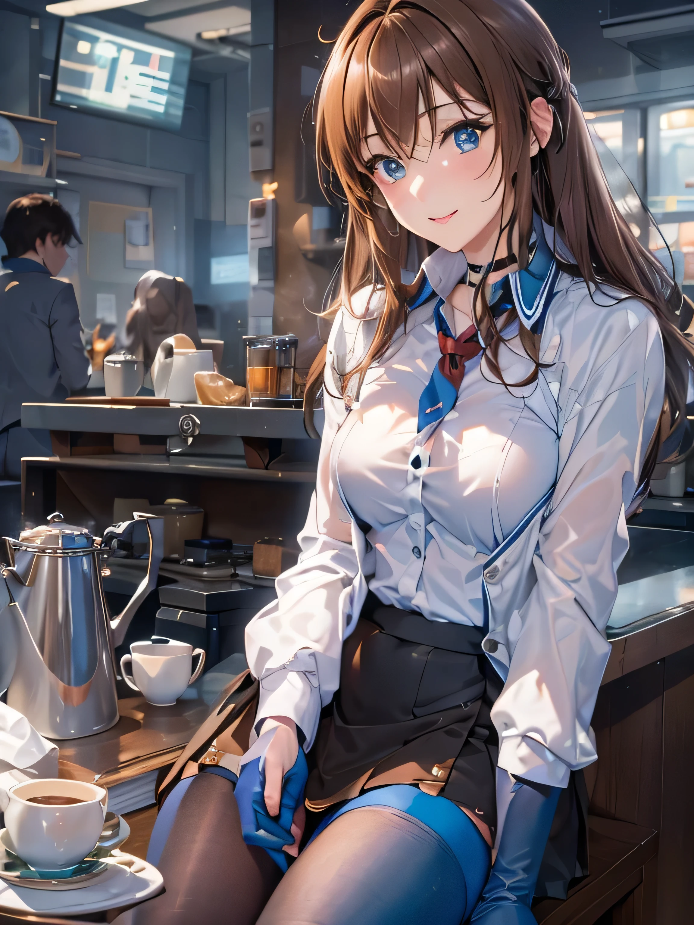 (photorealistic:1.8, highest quality:1.8,8K masterpiece:1.8,High resolution,muste piece:1.8,RAW Photos,cinematic lighting),No split screen、morning、Good Morning、The coffee shop of the future、
(A 23-year-old female clerk brewing coffee:1.5)、(choker、uniform、mini skirt、knee high tights、beautiful breasts、beautiful thighs、plump nipples、beautiful chest)、 (Soryu Asuka Langley)、
(Beautiful, shiny blue, white, black and brown hair:1.5)、looking at the camera、smile、shining blue eyes