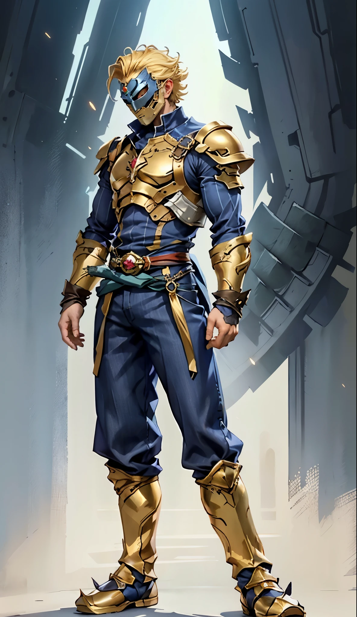 A man with short golden hair slicked back, his face entirely obscured by a Dynastinae concept mask, full mask, cold gaze, clad in an indigo blue fantasy-style Dynastinae concept chest plate, his arms and legs are clad in matching armor, he wears a white undershirt and trousers with golden stripes, standing within a magnificent fantasy-style palace, this character embodies a finely crafted fantasy-style masked light armor warrior in anime style, exquisite and mature manga art style, high definition, best quality, highres, ultra-detailed, ultra-fine painting, extremely delicate, professional, perfect body proportions, golden ratio, anatomically correct, symmetrical face, extremely detailed eyes and face, high quality eyes, creativity, RAW photo, UHD, 32k, Natural light, cinematic lighting, masterpiece-anatomy-perfect, masterpiece:1.5