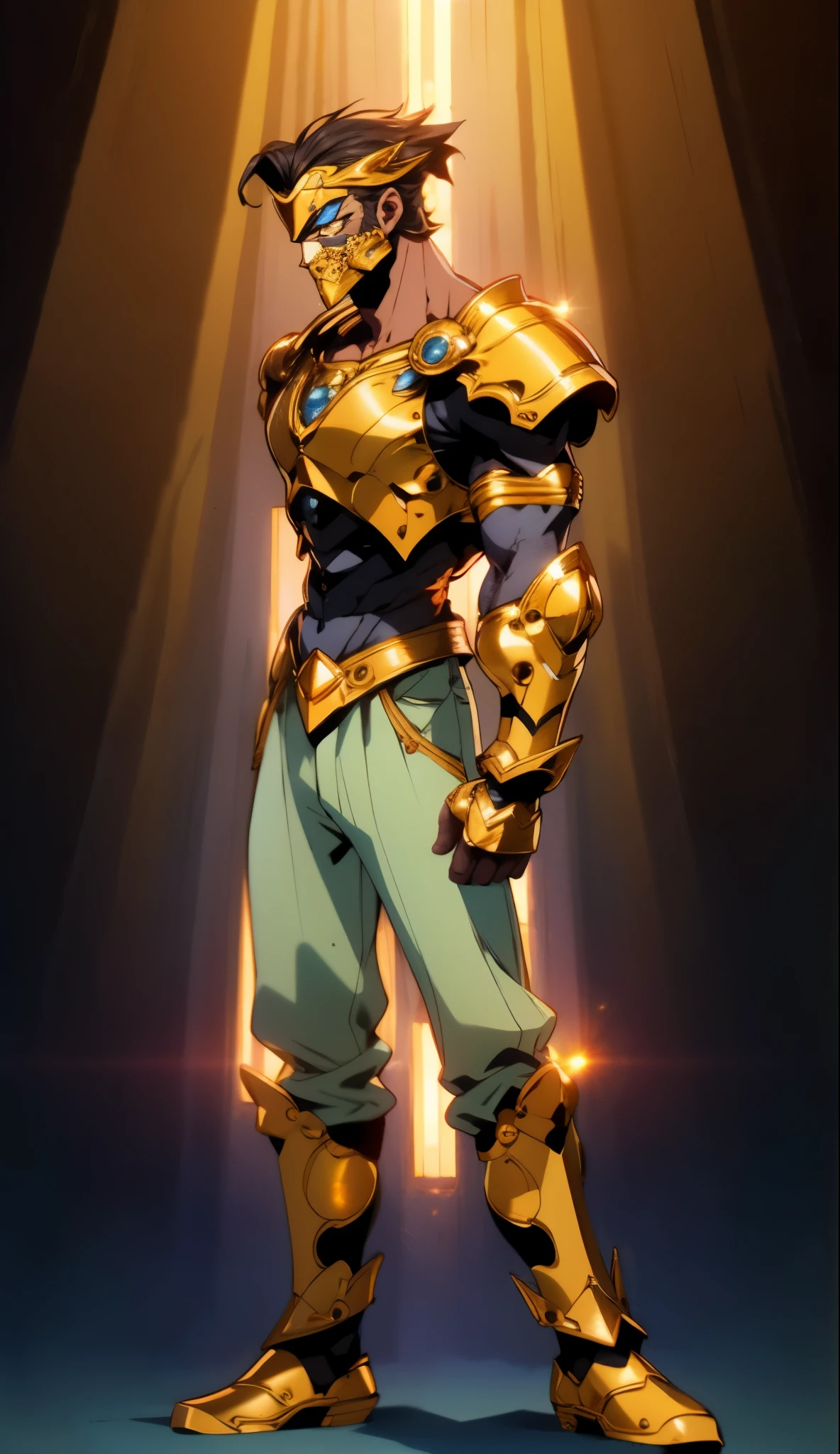 A man with short golden hair slicked back, his face entirely obscured by a Dynastinae concept mask, full mask, cold gaze, clad in an indigo blue fantasy-style Dynastinae concept chest plate, his arms and legs are clad in matching armor, he wears a white undershirt and trousers with golden stripes, standing within a magnificent fantasy-style palace, this character embodies a finely crafted fantasy-style masked light armor warrior in anime style, exquisite and mature manga art style, high definition, best quality, highres, ultra-detailed, ultra-fine painting, extremely delicate, professional, perfect body proportions, golden ratio, anatomically correct, symmetrical face, extremely detailed eyes and face, high quality eyes, creativity, RAW photo, UHD, 32k, Natural light, cinematic lighting, masterpiece-anatomy-perfect, masterpiece:1.5