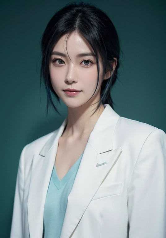 masterpiece, highest quality, ((1 man)),blue hair,green eyes,serious expression, smile,Upper body,line drawing,medium hair,white blazer,black t-shirt,expressionless eyes,((Kubo Tite style))