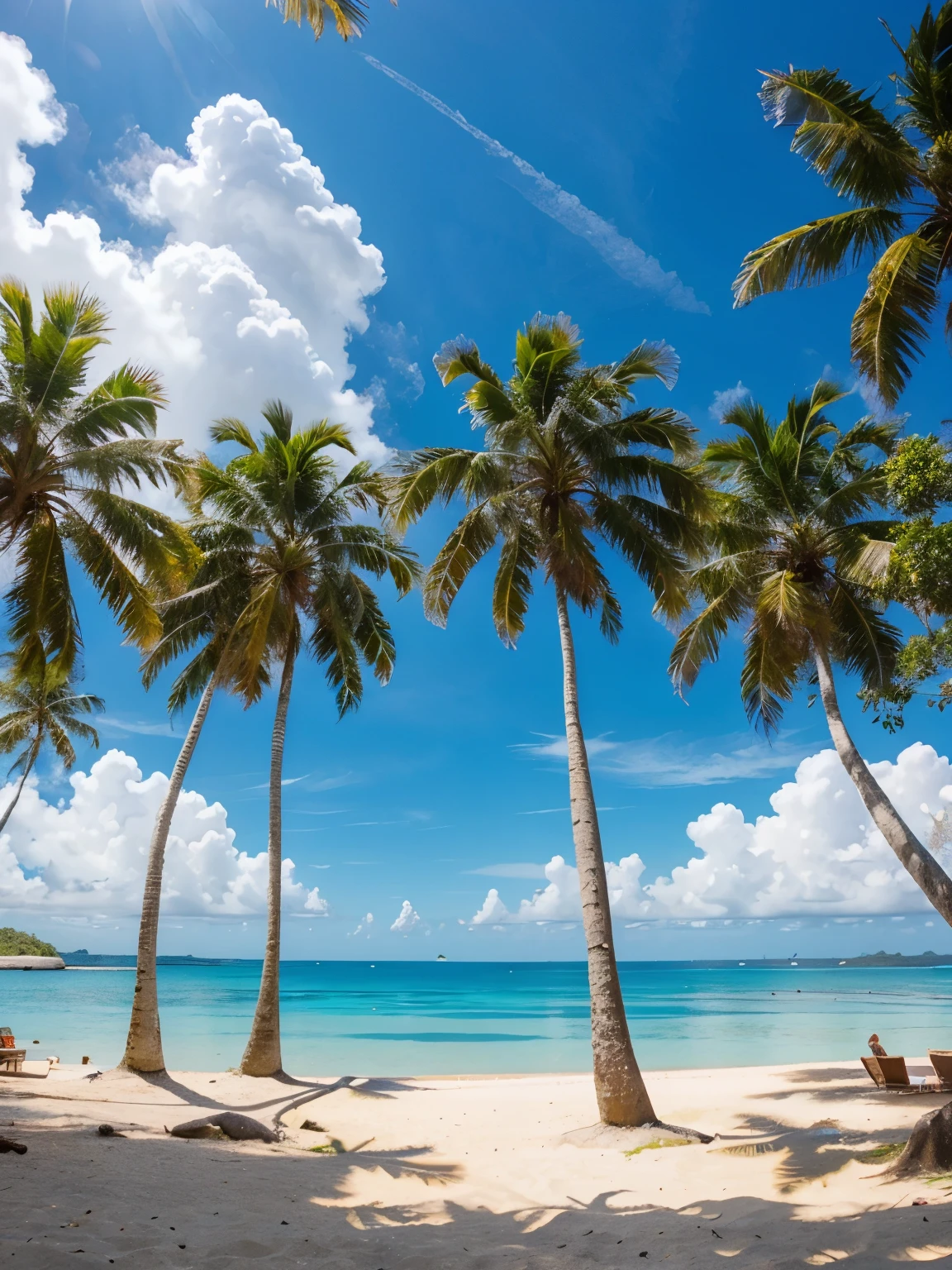 An island of beaches surrounded by coconut trees and a sunny blue sky 