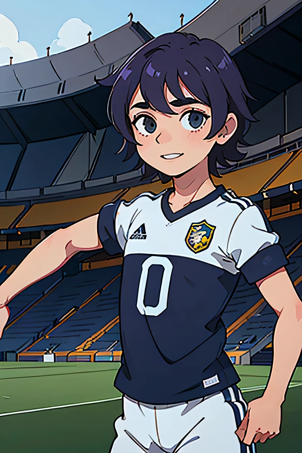 (melhor qualidade, obra-prima), 1 ,sorrindo masculino, cabelo longo, cabelo roxo, roupa amarela feat verde,azul curto,corrida, futebol,stadium background, homem, menino