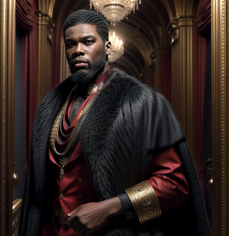 araffe dressed in a red and black outfit standing in a hallway, maxwell render, in dark long sleeve with red and gold accents, epic and classy portrait, high quality portrait, 8k portrait render, portrait shot, portrait of a king, closeup portrait shot, portrait mode, detailed portrait shot, portrait mode photo, a portrait of the character, shot on canon eos r5, STRONG BLESSED GODLY MAN who is confident, ambitious, warrior spirited, god like presence, AFRICAN AMERICAN, Melanin skin tone, calm, composed, reserved, observant, patient, 50 cent energy, Hova influenced clothing style, beard, High fashion, city palace,