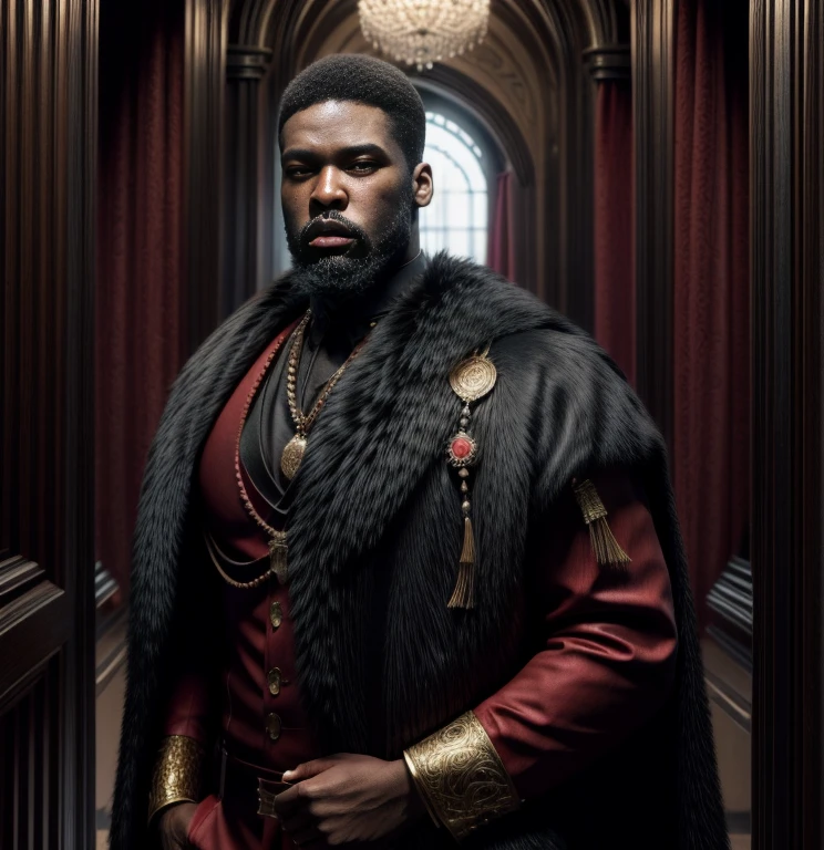 araffe dressed in a red and black outfit standing in a hallway, maxwell render, in dark long sleeve with red and gold accents, epic and classy portrait, high quality portrait, 8k portrait render, portrait shot, portrait of a king, closeup portrait shot, portrait mode, detailed portrait shot, portrait mode photo, a portrait of the character, shot on canon eos r5, STRONG BLESSED GODLY MAN who is confident, ambitious, warrior spirited, god like presence, AFRICAN AMERICAN, Melanin skin tone, calm, composed, reserved, observant, patient, 50 cent energy, Hova influenced clothing style, beard, High fashion, city palace,