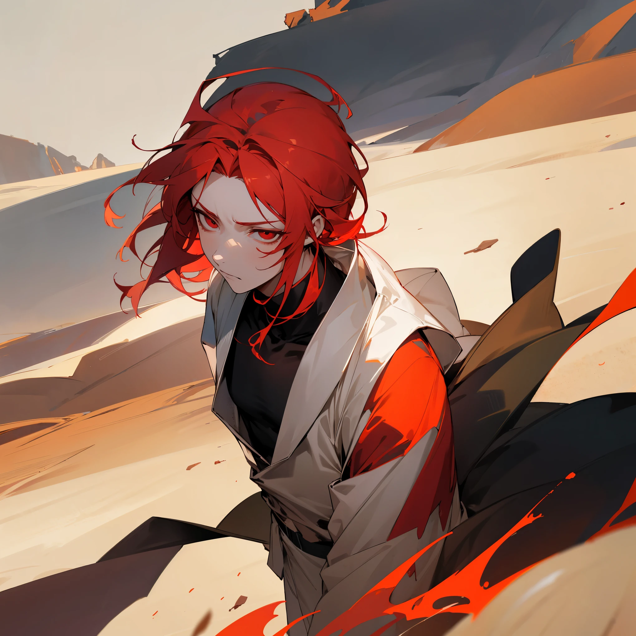 1male , Pale Skin , Red Eyes , Red Hair , White Yukata , Combat Clothing, Desert Background, black Sky , Tired Expression