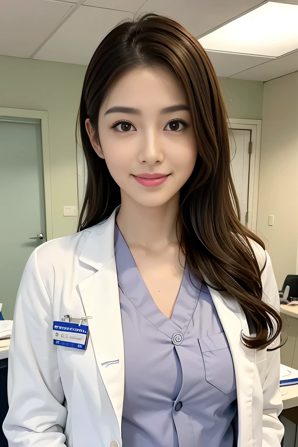 ((she's a doctor:1.1)), ((peitos grandes:1.1)), ((Wearing a Casey-style white coat over a jumpsuit in the exam room:1.3)), (doctor in a white coat:1.1), (Medical suit), mesa, Melhor qualidade, ultra-detalhado, detalhes finos, high resolution, Papel de parede 8K, Perfect dynamic composition, lindos olhos detalhados, meio do peito, Natural Color Lip, Random and sensual poses, Sorriso,28 anos mulheres lindas, sala de exame, Stethoscope, Captura ultra-realista, altamente detalhado, Close de high resolution de 16k da pele humana. A textura da pele deve ser natural, Com tal detalhe que os poros podem ser finamente identificados. Skin should look healthy, Em um tom uniforme. Use luz e cor naturais、a 28-year-old Japanese actress with a charmingly beautiful appearance、