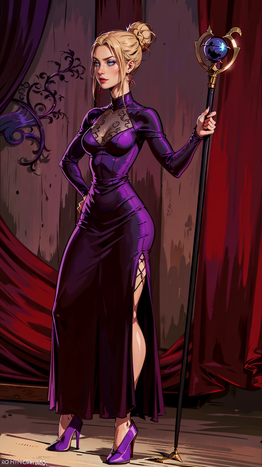 ((1girl, solo, Reina Morimoto, morimoto_reina, (blue eyes, hair bun, high bun, blonde hair), lipstick, jade earrings)),
((fitness, muscular, shapely body, athletic body, toned body)) , ((dark red dress, long dress, dress with slit, neckline, dress with lace, dress with long sleeves, staff, sorceress, female wizard, witch, holding a staff, high heels, black high heels, villain , villainous, malicious look, purple high heels))