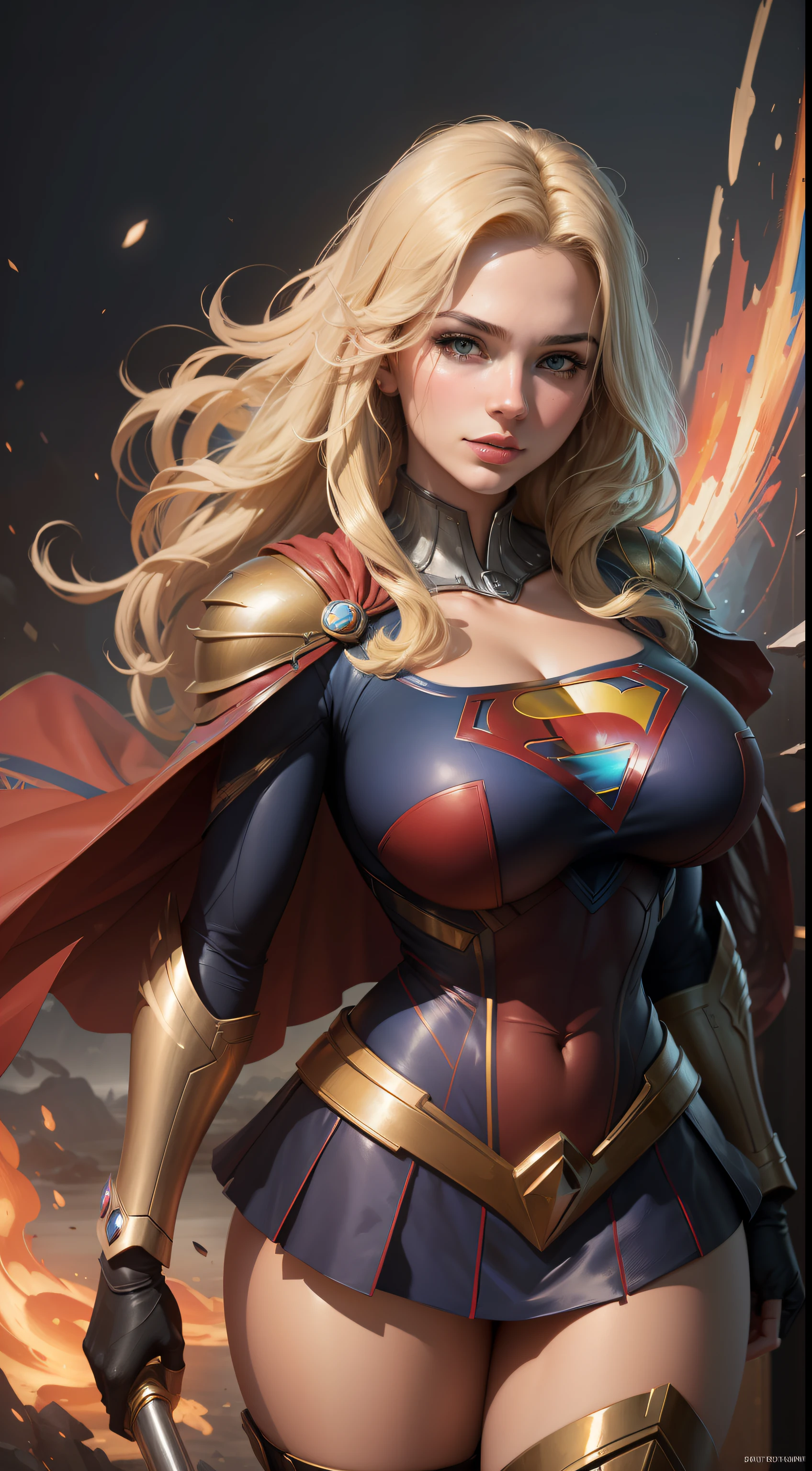 (Best Quality),(Masterpiece),(Ultra Detailed),(4k resolution),(Extremely detailed),Abstract expressionist painting "Hyperion", Sexy Supergirl (Big Tits), tarot card, Trending on ArtStation, Digital Painting, character concept art portrait, Scary