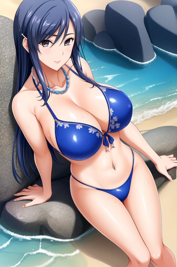 Ayako Hiiragi | Walkure Romanze, masterpiece, best quality, an attractive sexy mature woman in red and blue spangle bikini standing next to a rock on the beach, 1girl, breasts, cleavage, navel piercing, sexy swimsuit, solo, micro bikini, sunglasses, jewelry, under , piercing, necklace, ring, multiple tied, wet hair, sweat, beach, smile, ,mature woman, 