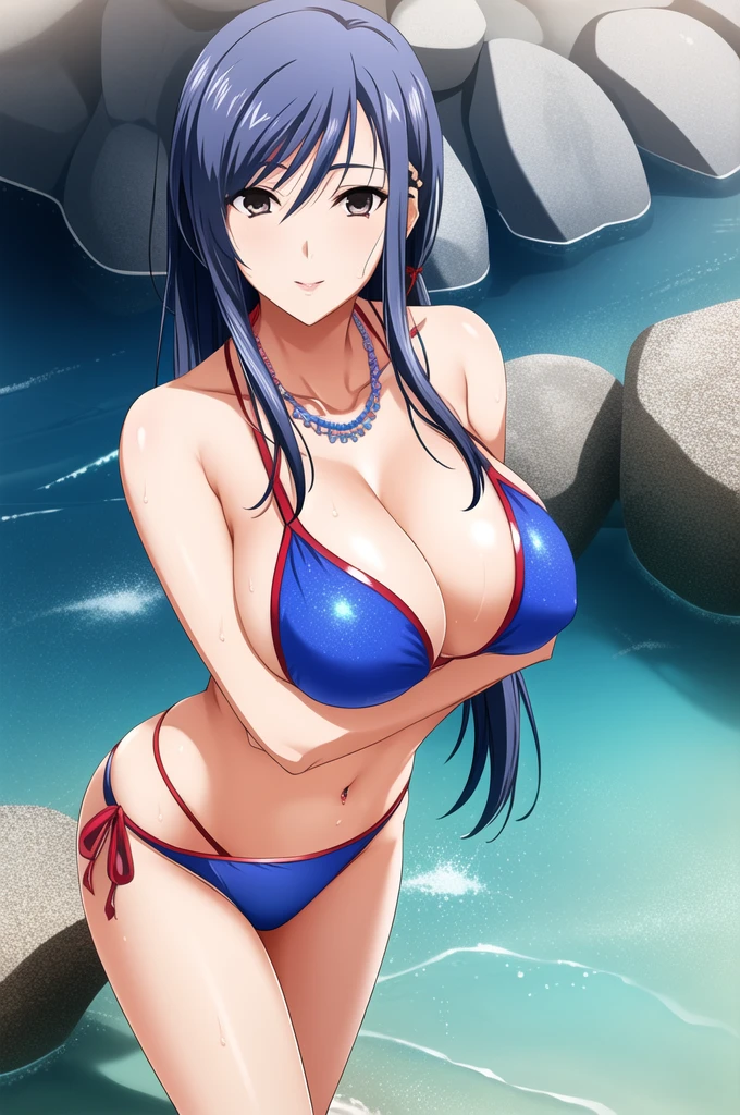 Ayako Hiiragi | Walkure Romanze, masterpiece, best quality, an attractive sexy mature woman in red and blue spangle bikini standing next to a rock on the beach, 1girl, breasts, cleavage, navel piercing, sexy swimsuit, solo, micro bikini, sunglasses, jewelry, under , piercing, necklace, ring, multiple tied, wet hair, sweat, beach, smile, ,mature woman, 