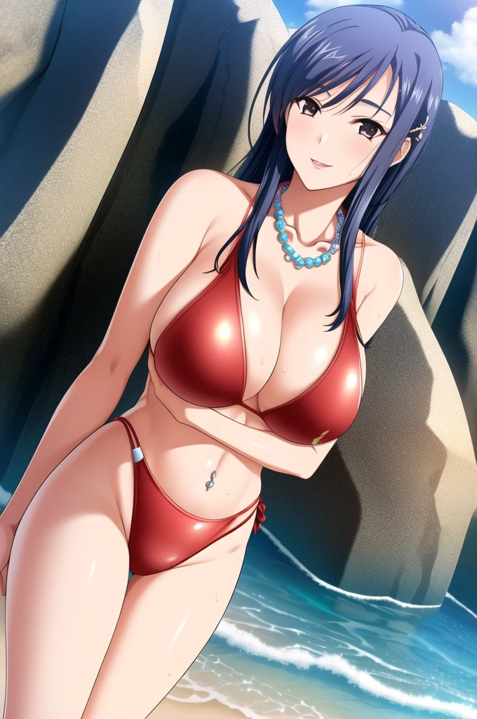 Ayako Hiiragi | Walkure Romanze, masterpiece, best quality, an attractive sexy mature woman in red and blue spangle bikini standing next to a rock on the beach, 1girl, breasts, cleavage, navel piercing, sexy swimsuit, solo, micro bikini, sunglasses, jewelry, under , piercing, necklace, ring, multiple tied, wet hair, sweat, beach, smile, ,mature woman, 