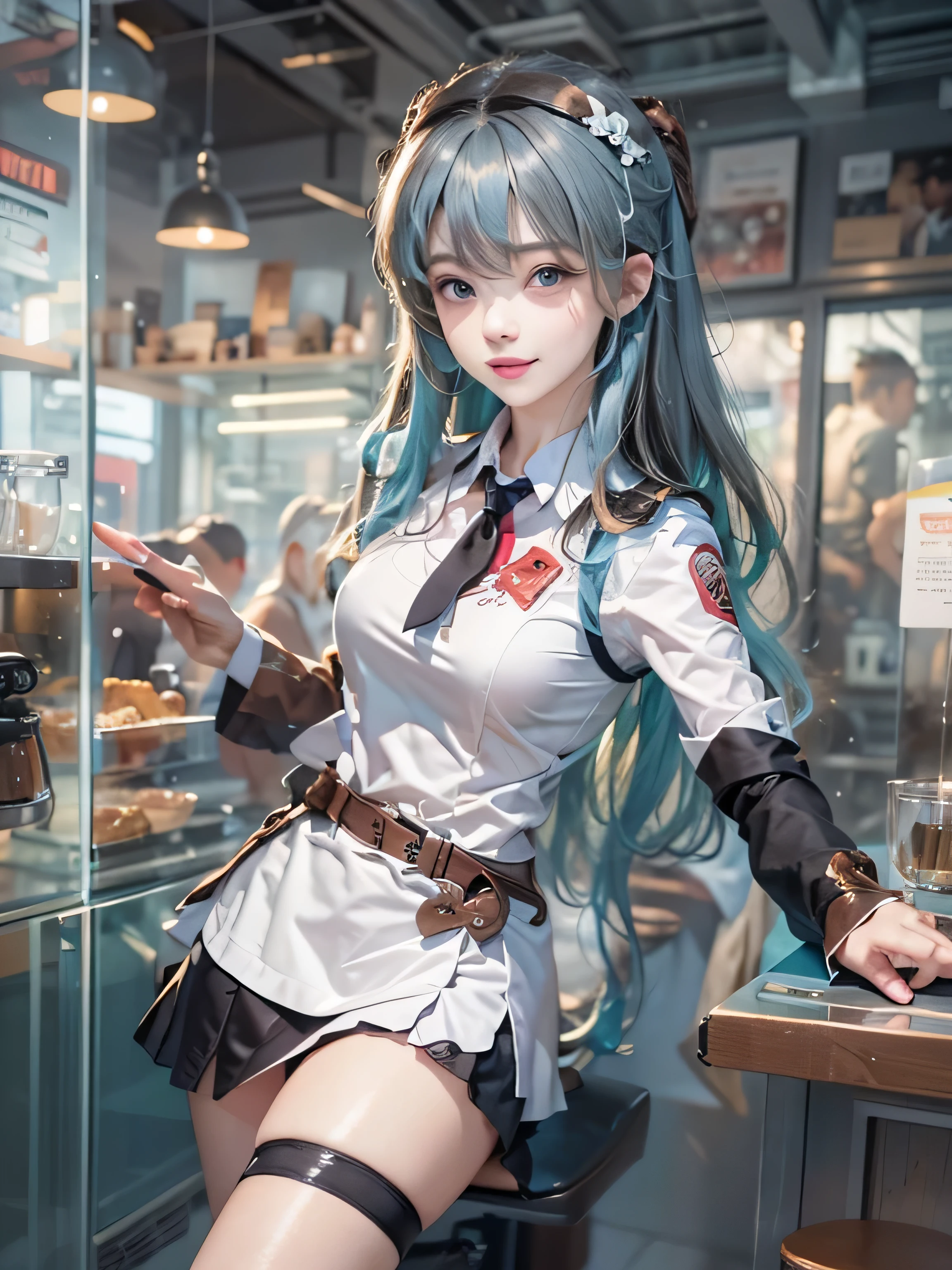 (photorealistic:1.8, highest quality:1.8,8K masterpiece:1.8,High resolution,muste piece:1.8,RAW Photos,cinematic lighting),No split screen、morning、Good Morning、The coffee shop of the future、 (A 23-year-old female clerk brewing coffee:1.5)、(choker、uniform、mini skirt、knee high tights、beautiful breasts、beautiful thighs、plump nipples、beautiful chest)、 (Soryu Asuka Langley)、 (Beautiful, shiny blue, white, black and brown hair:1.5)、looking at the camera、smile、shining blue eyes、Angle from below