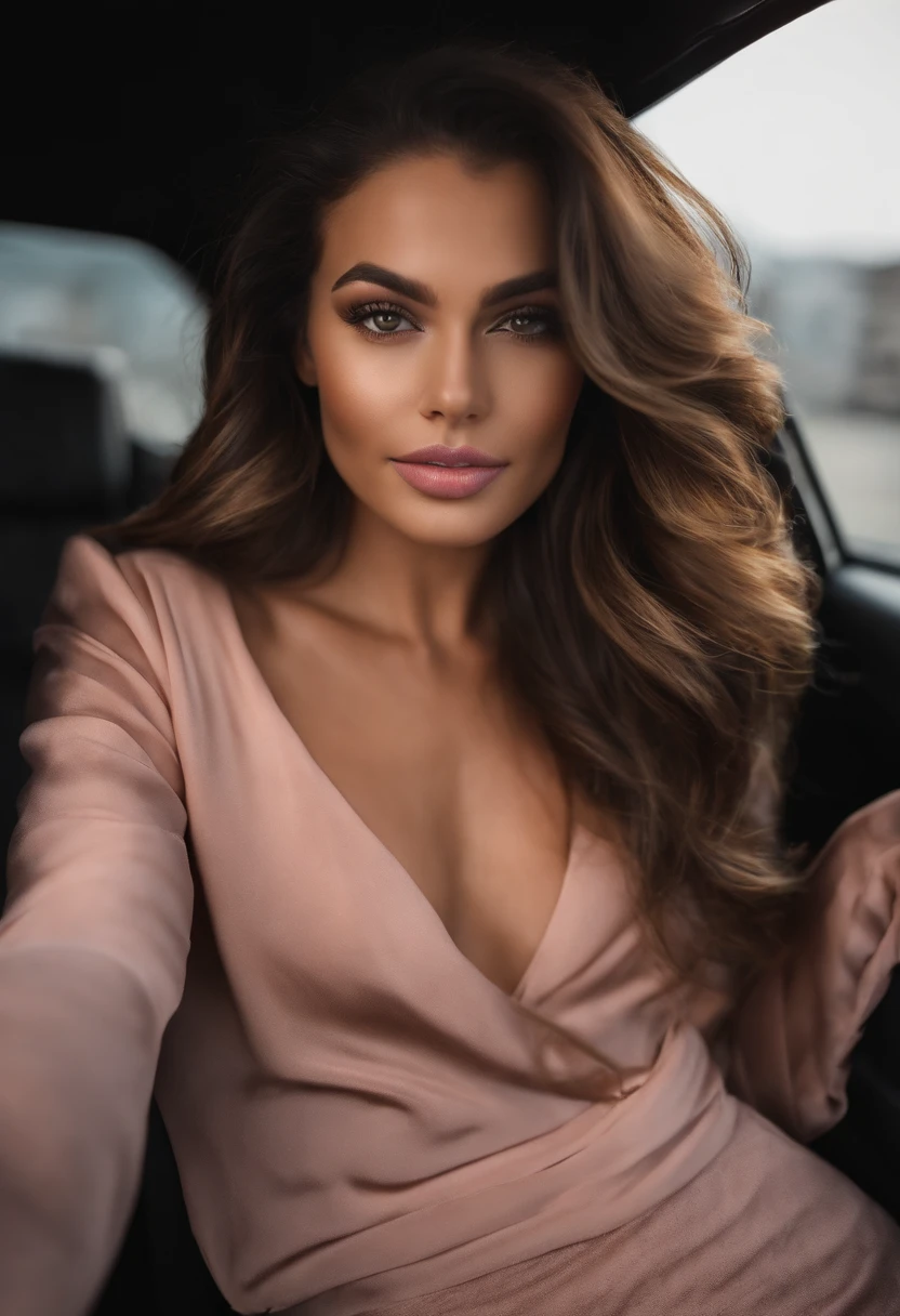 Latina brune sexy D'une silhouette élancée, cette jeune femme brune de 19 ans attire les regards avec ses courbes gracieuses et ses proportions harmonieuses. Ses cheveux bruns, silky and wavy, encadrent son visage délicat, mettant en valeur ses traits fins et son teint lumineux. Ses yeux en amande, d'un brun profond, captivent par leur intensité et leur éclat. Un sourire radieux illumine son visage, highlighting the softness of her pink lips. Avec une apparence à la fois élégante et attrayante, elle incarne la beauté naturelle dans toute sa splendeur, leaving an indelible impression wherever he goes" tenu de bureau et un collier en forme de coeur . In the car photo of selfi but with the same face