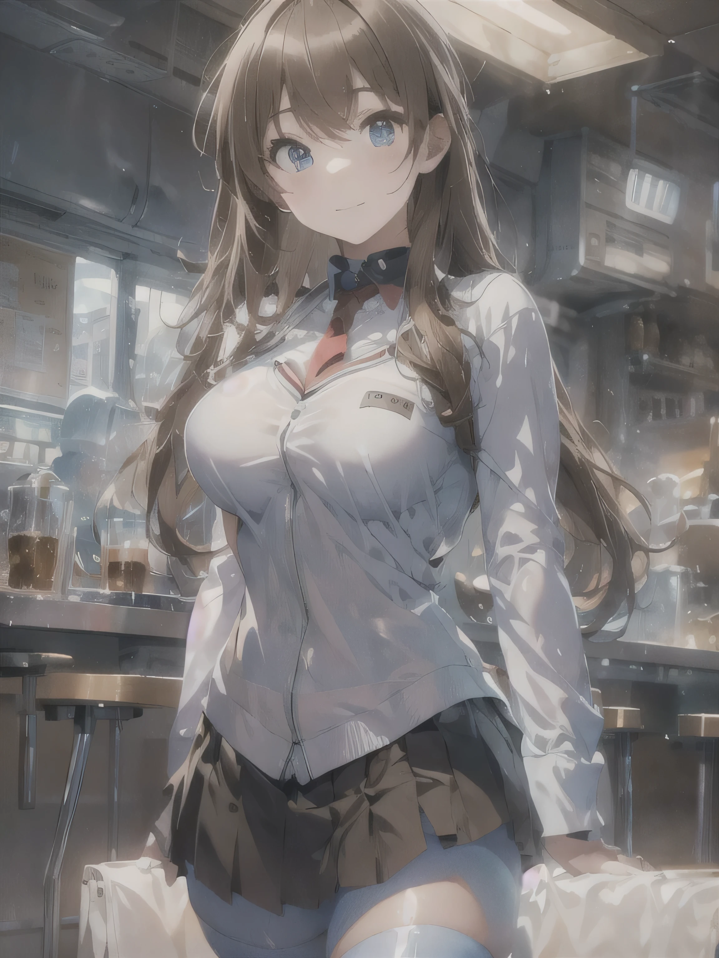 (photorealistic:1.8, highest quality:1.8,8K masterpiece:1.8,High resolution,muste piece:1.8,RAW Photos,cinematic lighting),No split screen、morning、Good Morning、The coffee shop of the future、
（A 23-year-old female clerk brewing coffee:1.5)、（choker、uniform、mini skirt、knee high tights、beautiful breasts、beautiful thighs、plump nipples、beautiful chest)、 (Soryu Asuka Langley)、
(Beautiful, shiny blue, white, black and brown hair:1.5)、looking at the camera、smile、shining blue eyes、Angle from below