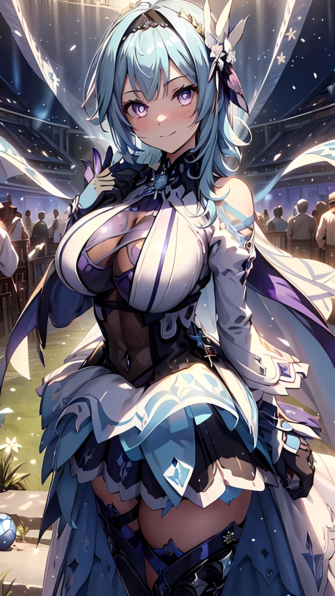 (masterpiece), best quality, expressive eyes, perfect face,euladef,(((1 girl))),((blue and white intricate ballgown:1.5)),(huge breasts:1.5),(hair flower),outdoors,hand on own chest,thighigh boots,light blue hair,cleavage,looking at viewer,smiles, eyeshadows, eye liner,glistening eyes, hyper detailed eyes, intricate eyes, beautiful eye, ((glowing purple pupils))、smilling face,standing,seductive pose,garterbelt,ice castle,aurora borealis,cowboy shot,snow