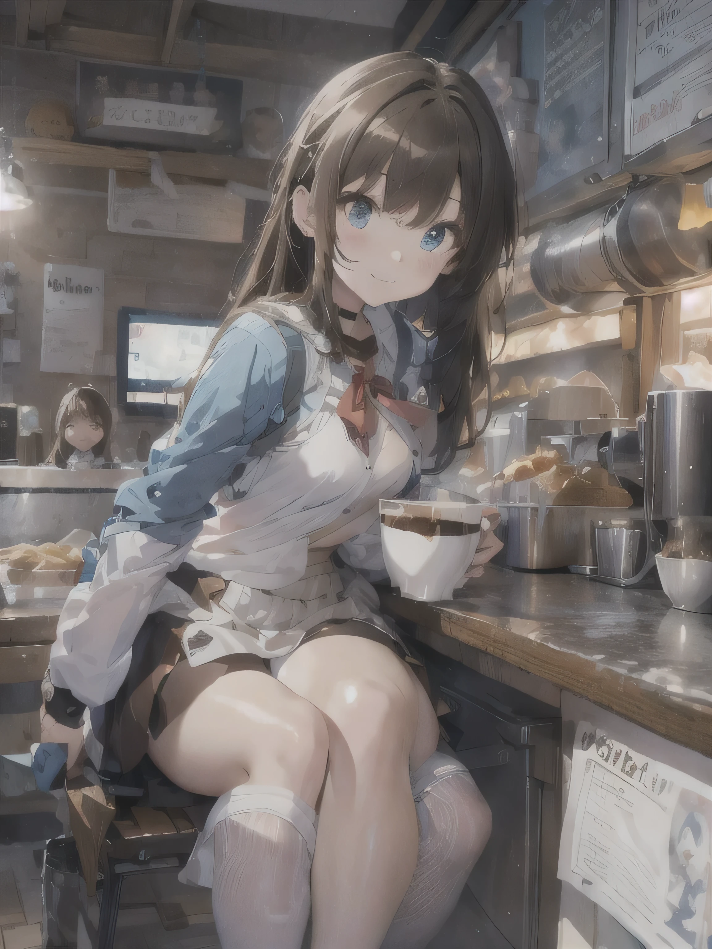 (photorealistic:1.8, highest quality:1.8,8K masterpiece:1.8,High resolution,muste piece:1.8,RAW Photos,cinematic lighting),No split screen、morning、Good Morning、The coffee shop of the future、
（A 23-year-old female clerk brewing coffee:1.5)、（choker、uniform、mini skirt、knee high tights、beautiful breasts、beautiful thighs、plump nipples、beautiful chest)、 (Soryu Asuka Langley)、
(Beautiful, shiny blue, white, black and brown hair:1.5)、looking at the camera、smile、shining blue eyes、Angle from below