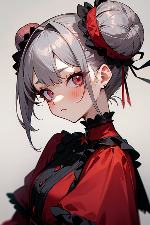 short gray hair, blush, Gothic Lolita、punk fashion、head bun 2.、Red clothes、