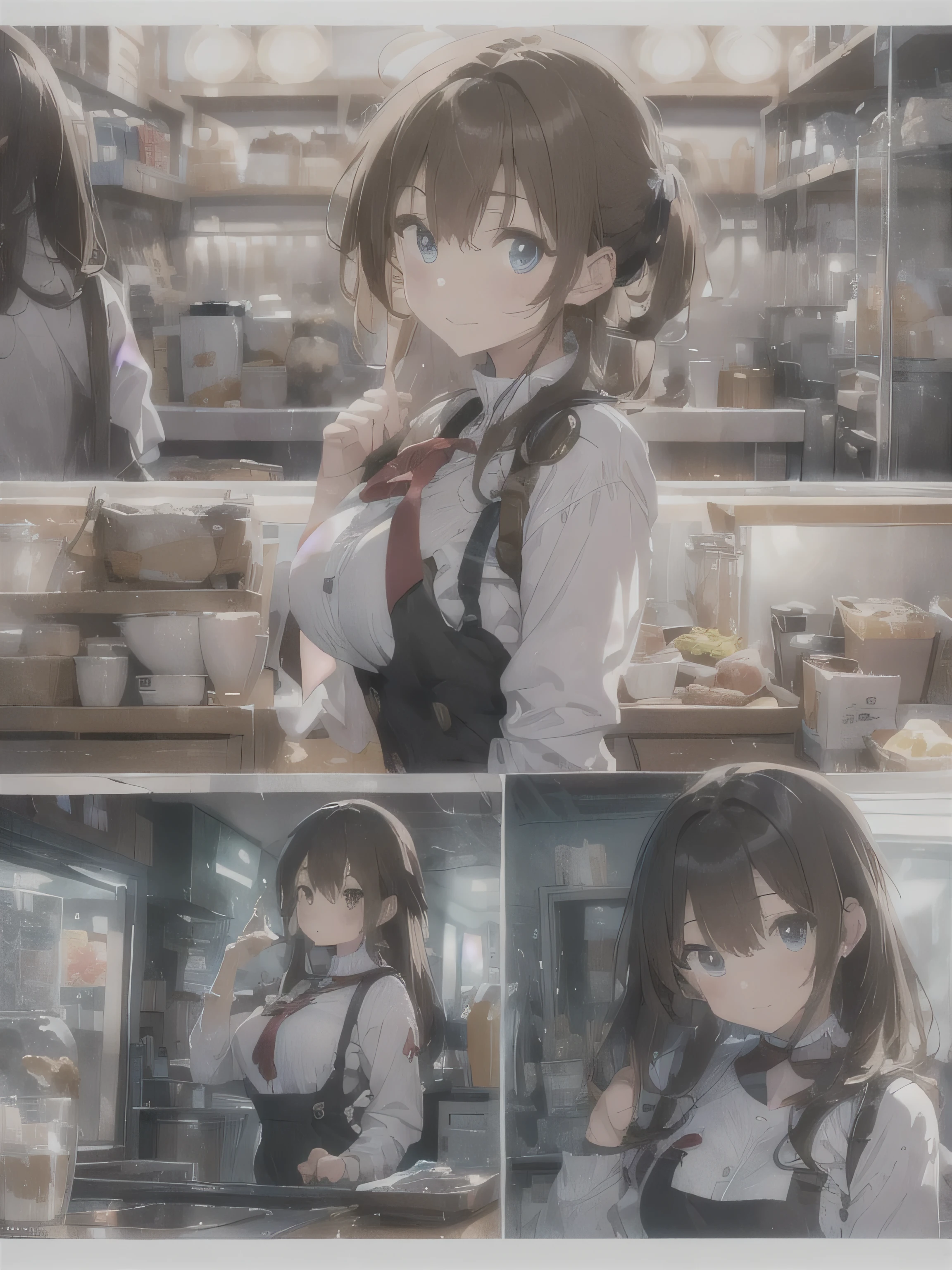 (photorealistic:1.8, highest quality:1.8,8K masterpiece:1.8,High resolution,muste piece:1.8,RAW Photos,cinematic lighting),No split screen、morning、Good Morning、The coffee shop of the future、
(A 23-year-old female clerk brewing coffee:1.5)、(choker、uniform、mini skirt、knee high tights、beautiful breasts、beautiful thighs、plump nipples、beautiful chest)、 (Soryu Asuka Langley)、
(Beautiful, shiny blue, white, black and brown hair:1.5)、looking at the camera、smile、shining blue eyes、Angle from below