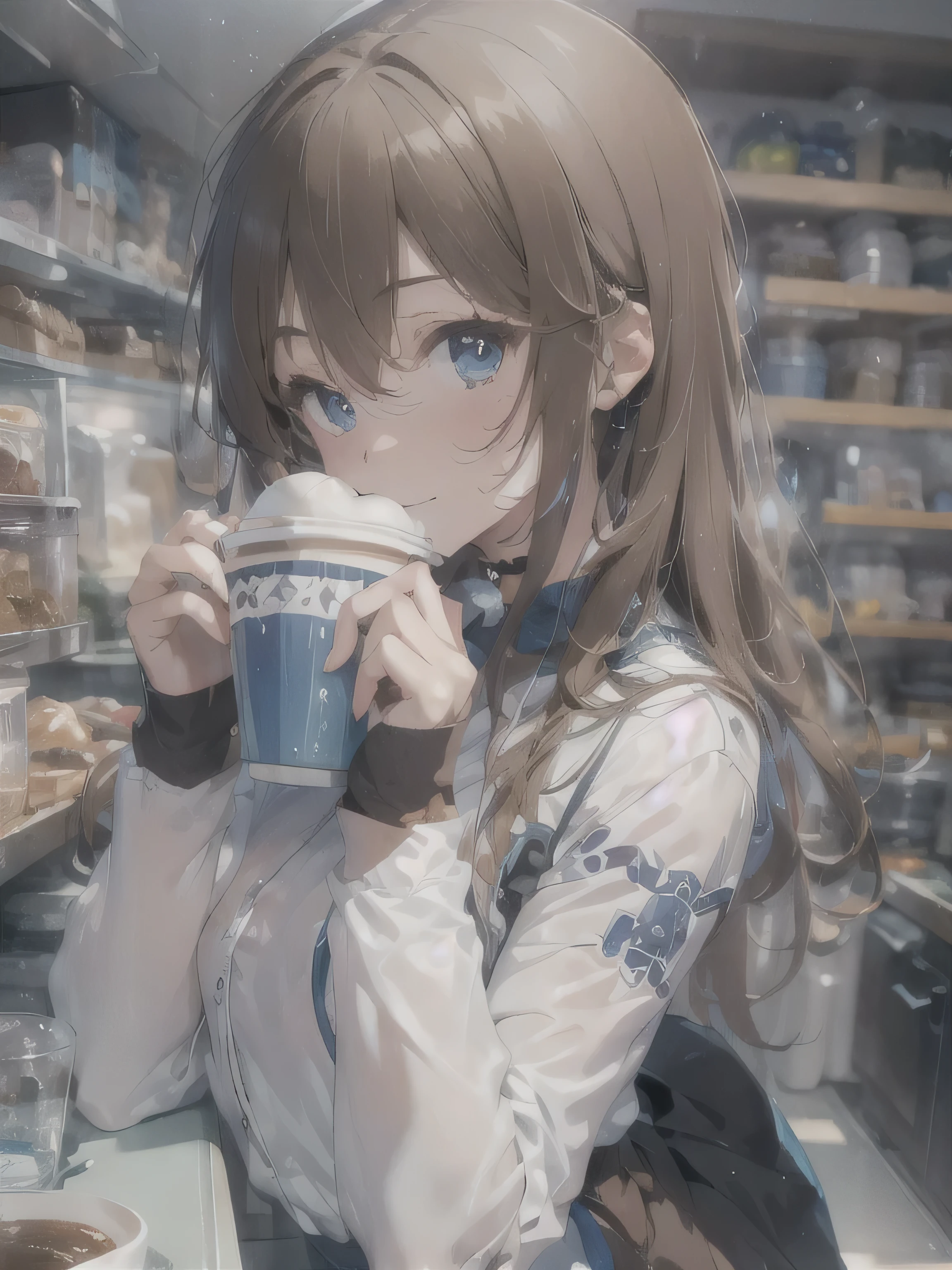(photorealistic:1.8, highest quality:1.8,8K masterpiece:1.8,High resolution,muste piece:1.8,RAW Photos,cinematic lighting),No split screen、morning、Good Morning、The coffee shop of the future、
(A 23-year-old female clerk brewing coffee:1.5)、(choker、uniform、mini skirt、knee high tights、beautiful breasts、beautiful thighs、plump nipples、beautiful chest)、 (Soryu Asuka Langley)、
(Beautiful, shiny blue, white, black and brown hair:1.5)、looking at the camera、smile、shining blue eyes、Angle from below