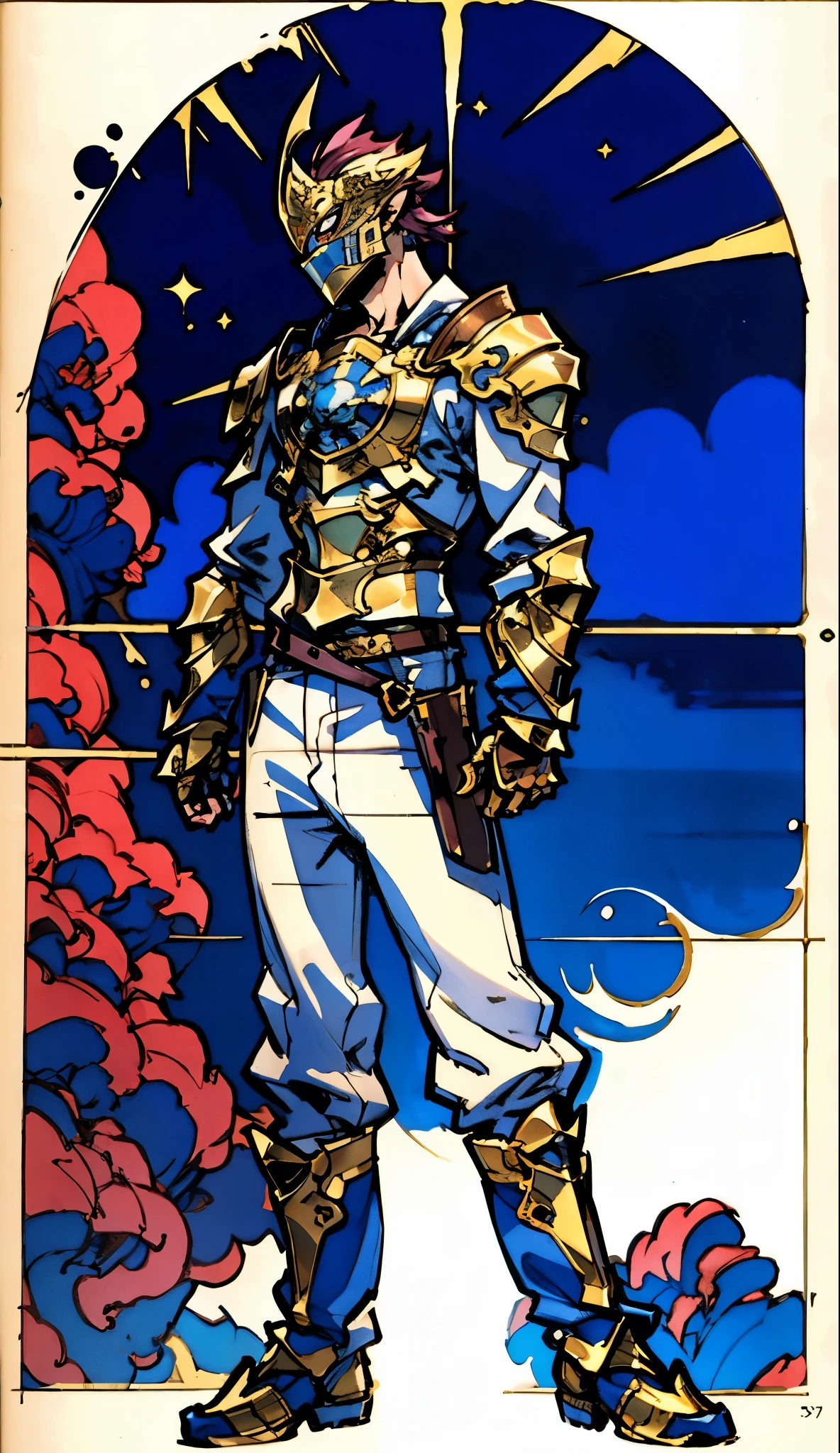 A man with short golden hair slicked back, his face entirely obscured by a Dynastinae concept mask, full mask, cold gaze, clad in an indigo blue fantasy-style Dynastinae concept chest plate, his arms and legs are clad in matching armor, he wears a white undershirt and trousers with golden stripes, standing within a magnificent fantasy-style palace, this character embodies a finely crafted fantasy-style masked light armor warrior in anime style, exquisite and mature manga art style, high definition, best quality, highres, ultra-detailed, ultra-fine painting, extremely delicate, professional, perfect body proportions, golden ratio, anatomically correct, symmetrical face, extremely detailed eyes and face, high quality eyes, creativity, RAW photo, UHD, 32k, Natural light, cinematic lighting, masterpiece-anatomy-perfect, masterpiece:1.5
