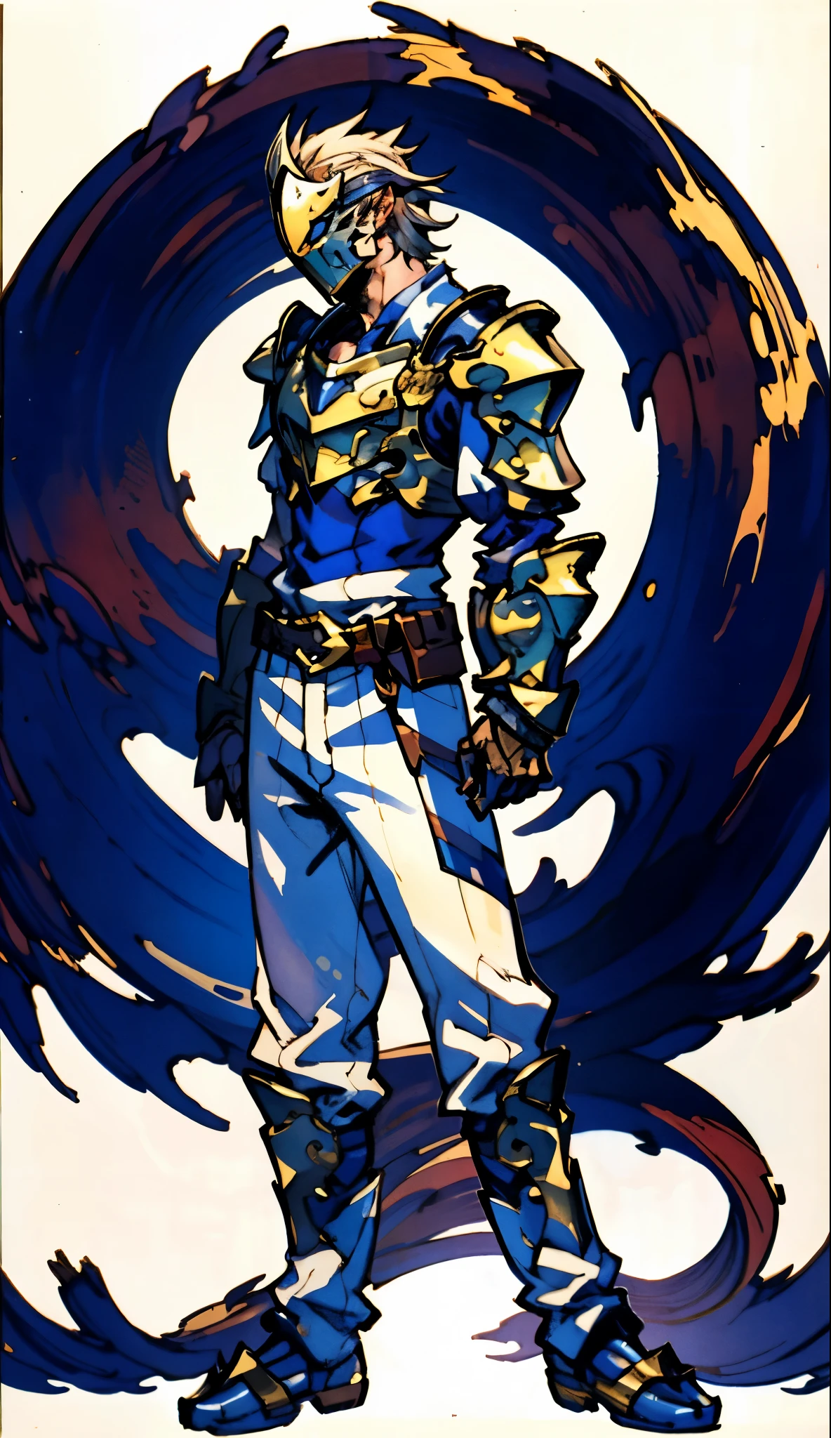 A man with short golden hair slicked back, his face entirely obscured by a Dynastinae concept mask, full mask, cold gaze, clad in an indigo blue fantasy-style Dynastinae concept chest plate, his arms and legs are clad in matching armor, he wears a white undershirt and trousers with golden stripes, standing within a magnificent fantasy-style palace, this character embodies a finely crafted fantasy-style masked light armor warrior in anime style, exquisite and mature manga art style, high definition, best quality, highres, ultra-detailed, ultra-fine painting, extremely delicate, professional, perfect body proportions, golden ratio, anatomically correct, symmetrical face, extremely detailed eyes and face, high quality eyes, creativity, RAW photo, UHD, 32k, Natural light, cinematic lighting, masterpiece-anatomy-perfect, masterpiece:1.5