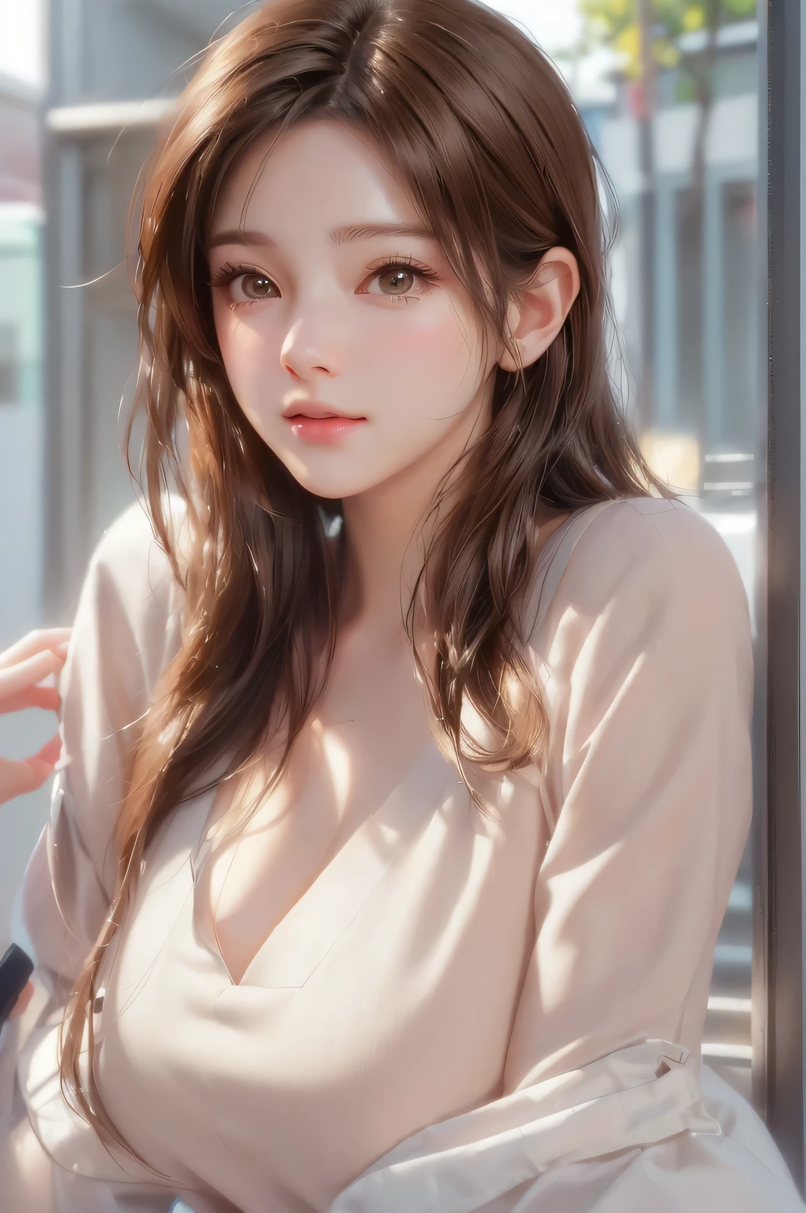 short hair、short hair、outdoor、Warm daytime、bright、Close up portrait of a woman with brown hair and brown shirt。, cute realistic portrait, Realistic anime 3d style, Photorealistic anime girl rendering, realistic 3d animation, realistic art style, 8K portrait rendering, realistic cute girl drawing, realistic art style, Smooth anime CG art, anime realism style, realistic beautiful face, realistic young anime girl