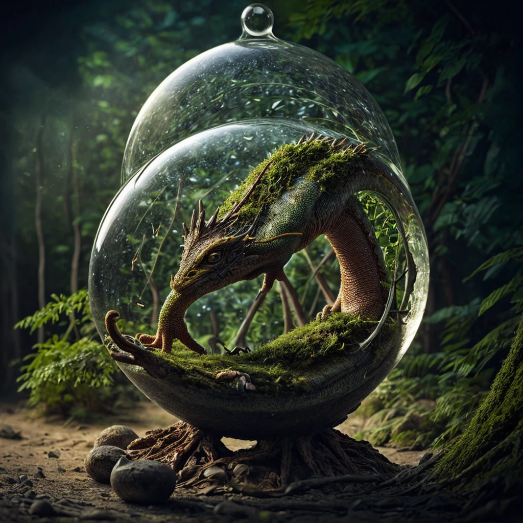 (An intricate mini-forest-landscape of a minidragon trapped in a bottle), atmospheric oliva lighting, on the  table, 4k UHD, dark vibes, hyper detailed, vibrant colours forest background, epic composition, octane render, sharp focus, high resolution isometric, bubblerealm photorealistic documentary shot