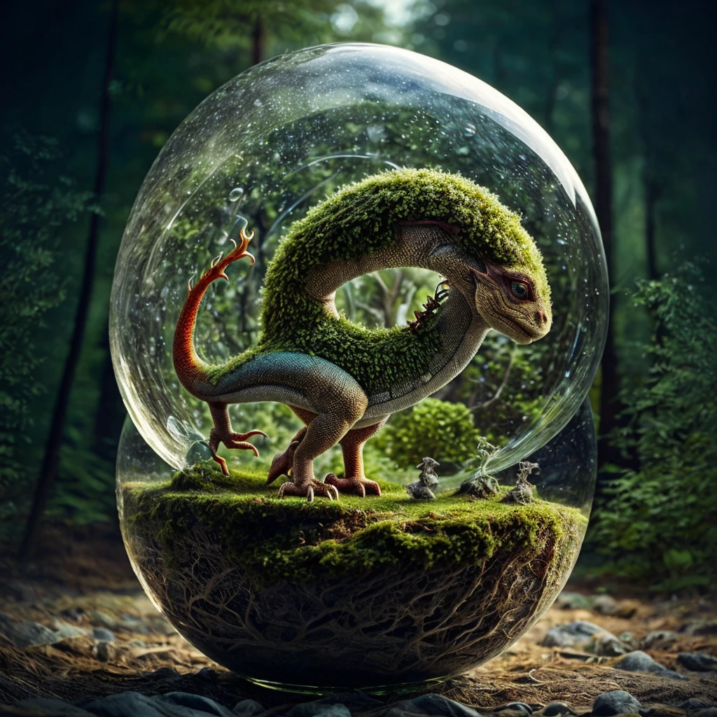 (An intricate mini-forest-landscape of a minidragon trapped in a bottle), atmospheric oliva lighting, on the table, 4k UHD, dark vibes, hyper detailed, vibrant colours forest background, epic composition, octane render, sharp focus, high resolution isometric, bubblerealm photorealistic documentary shot