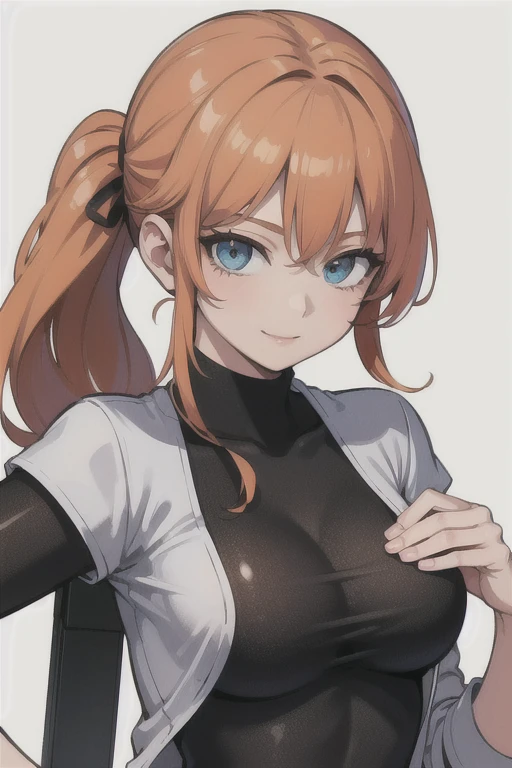 (best quality,4k,8k,highres,masterpiece:1.2),ultra-detailed,realistic, 32 years old,,orange haired woman with short styled orange pony tail,beautiful detailed blue eyes,light skin and a captivating smile,sexy,medium breasts.
