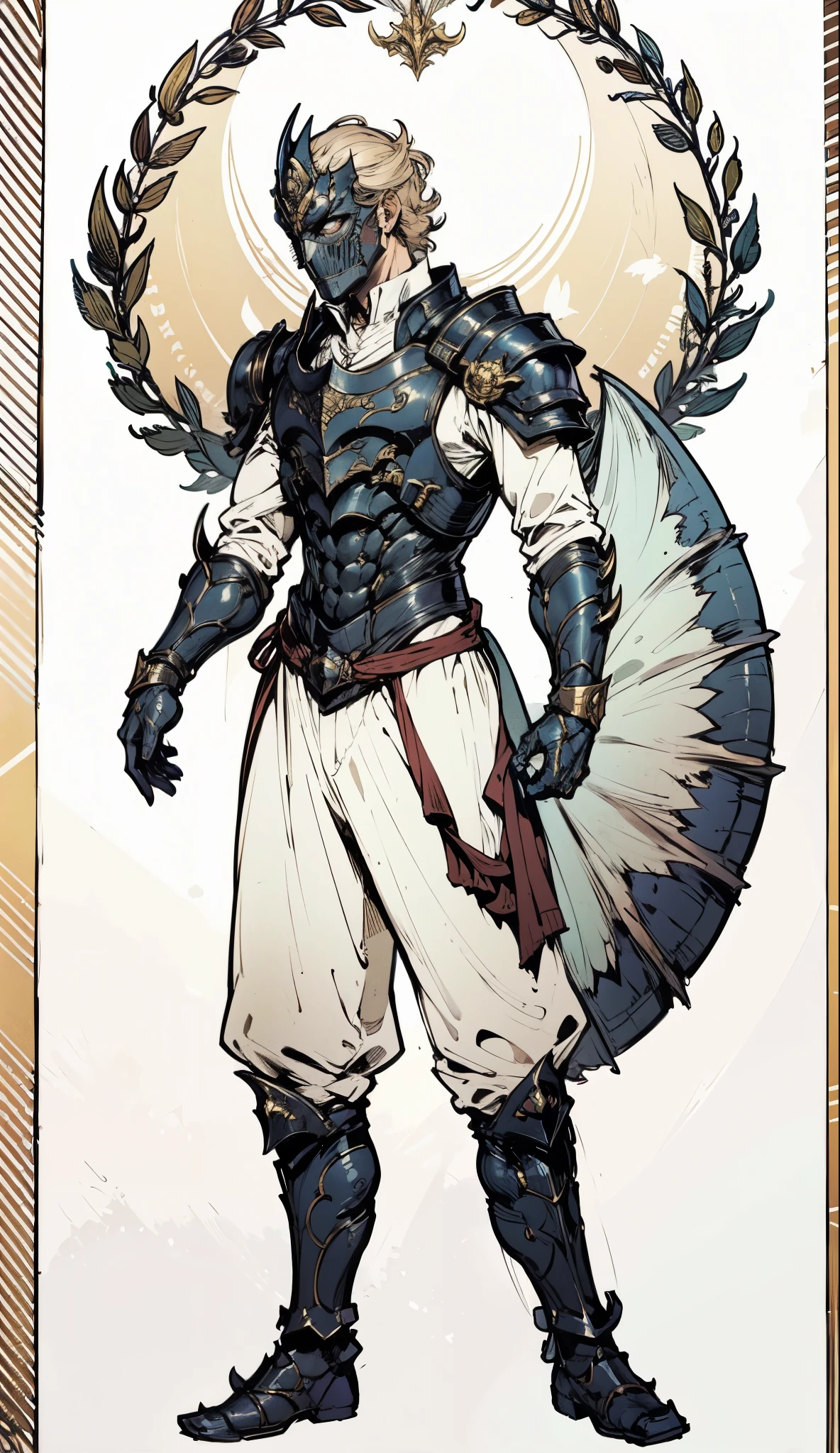 A man with short golden hair slicked back, his face entirely obscured by a Dynastinae concept mask, full mask, cold gaze, clad in an indigo blue fantasy-style Dynastinae concept chest plate, his arms and legs are clad in matching armor, he wears a white undershirt and trousers with golden stripes, standing within a magnificent fantasy-style palace, this character embodies a finely crafted fantasy-style masked light armor warrior in anime style, exquisite and mature manga art style, high definition, best quality, highres, ultra-detailed, ultra-fine painting, extremely delicate, professional, perfect body proportions, golden ratio, anatomically correct, symmetrical face, extremely detailed eyes and face, high quality eyes, creativity, RAW photo, UHD, 32k, Natural light, cinematic lighting, masterpiece-anatomy-perfect, masterpiece:1.5