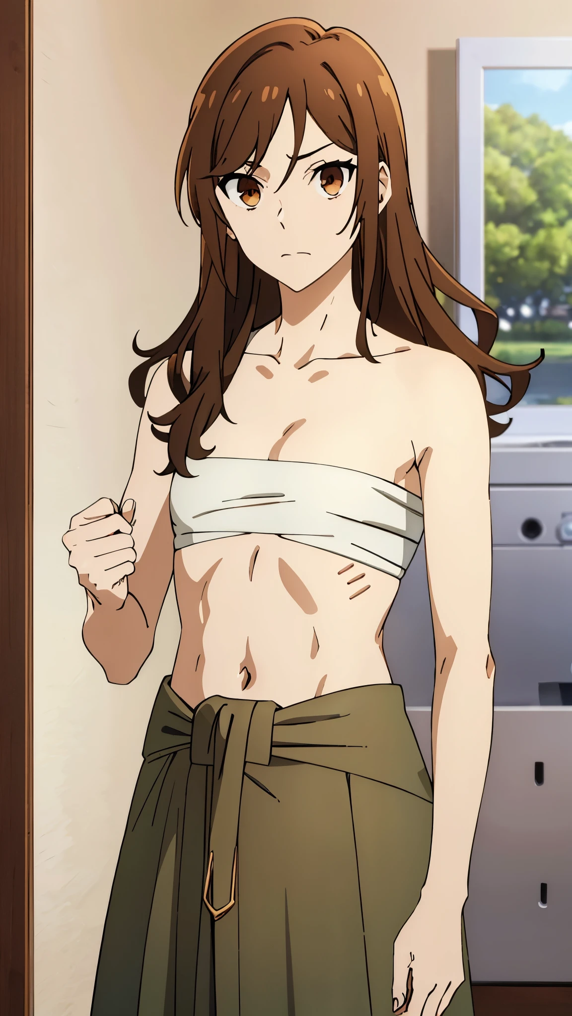 masterpiece, highres, solo, 8k, detailed, perfect face, best quality, (ultra high quality), (looking at viewers), (armpit), collarbone, bare arms, medium breast, cleavage, brown hair, auburn hair, long hair, ponytail hair, violet eyes, belly, stomach, navel, abs, sarashi chest, bandaged breast, (brown hakama), slim body, upper body, emotionless, flat face, at forest, hand up