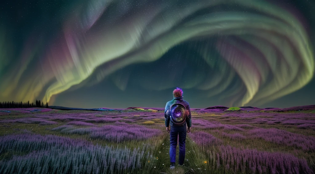 A photo of a man embarking on a cosmic journey, surrounded by the vibrant and surreal colors of a psychedelic experience, he is standing in a field of grass, the sky is starry and there are northern lights, the overall atmosphere radiates a sense of wonder and connection with nature