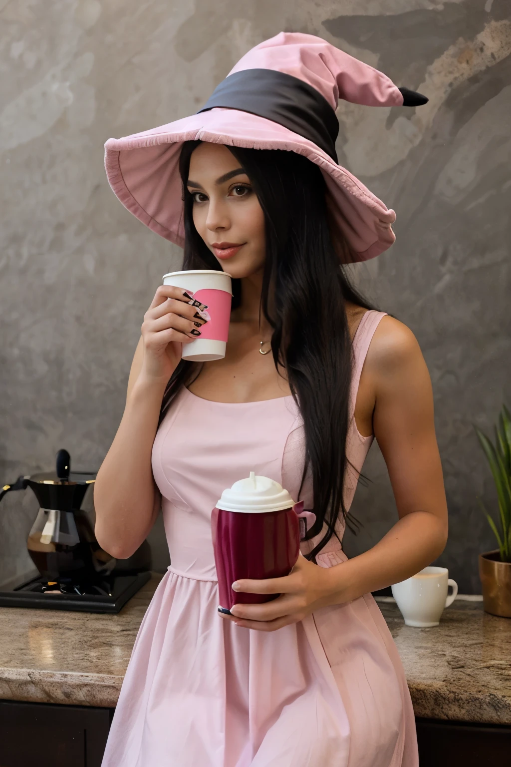 Long straight black hair woman wearing pink witch hat wearing pink dress drinking coffee sexy,