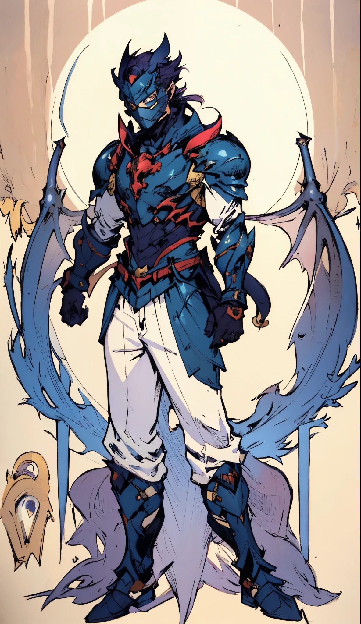 A man with short golden hair slicked back, his face entirely obscured by a Dynastinae concept mask, full mask, cold gaze, clad in an indigo blue fantasy-style Dynastinae concept chest plate, his arms and legs are clad in matching armor, he wears a white undershirt and trousers with golden stripes, standing within a magnificent fantasy-style palace, this character embodies a finely crafted fantasy-style masked light armor warrior in anime style, exquisite and mature manga art style, high definition, best quality, highres, ultra-detailed, ultra-fine painting, extremely delicate, professional, perfect body proportions, golden ratio, anatomically correct, symmetrical face, extremely detailed eyes and face, high quality eyes, creativity, RAW photo, UHD, 32k, Natural light, cinematic lighting, masterpiece-anatomy-perfect, masterpiece:1.5